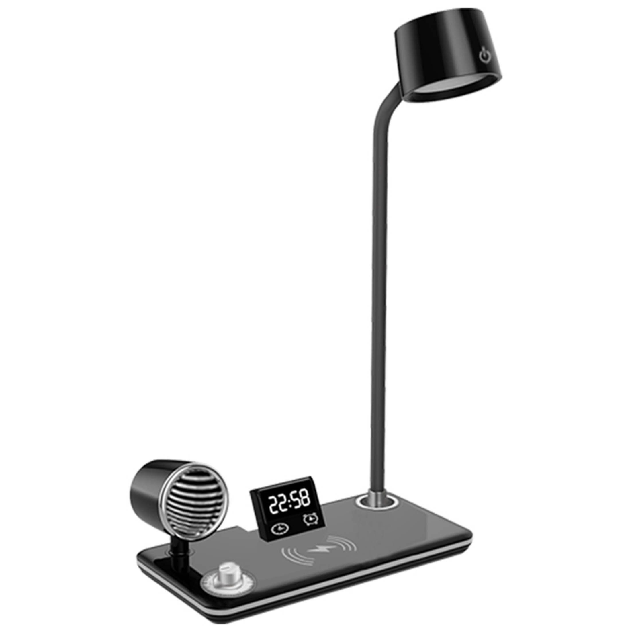 KINSI LED Schreibtischlampe LED Schreibtischlampe mit Bluetooth Lautsprecher, Qi Ladestation, LED fest integriert, Flexibler 360° Lampenkopf, Drei Lichtfarben, Digitaluhr und Wecker