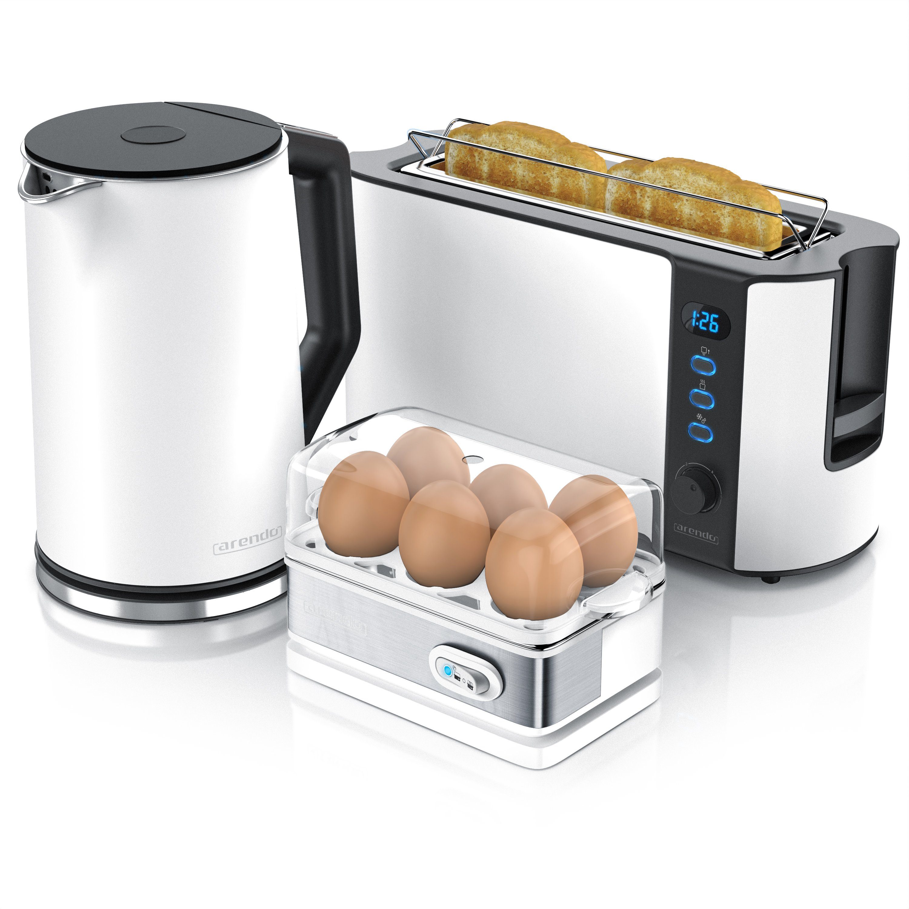 / Weiß Toaster (3-tlg), Edelstahl, 1,5l Wasserkocher Frühstücks-Set 2-Scheiben Eierkocher, / Arendo