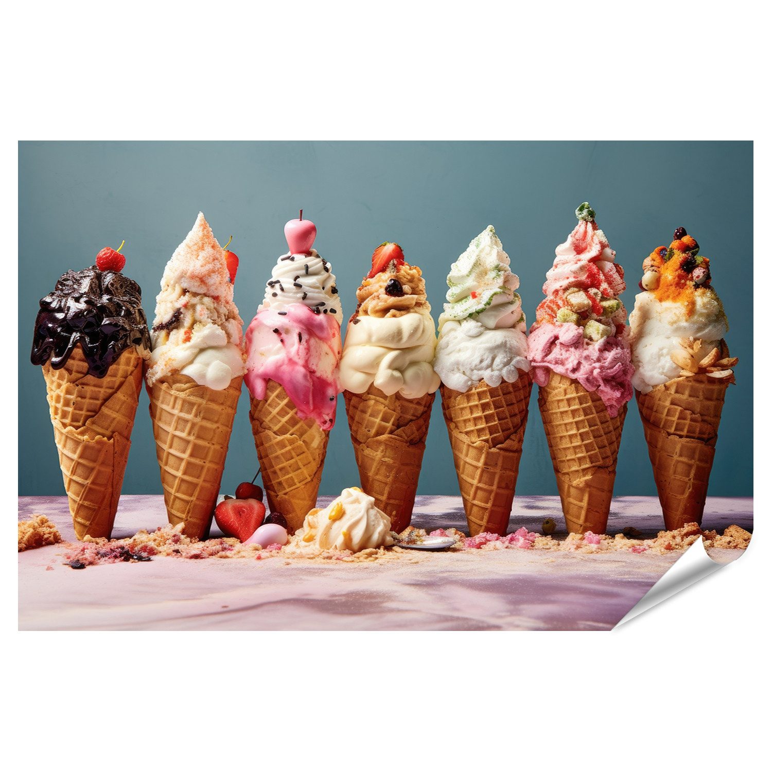 Poster Bunte Eistüten kreative Toppings Eiscafe Eissalon Eisdiele Bilder