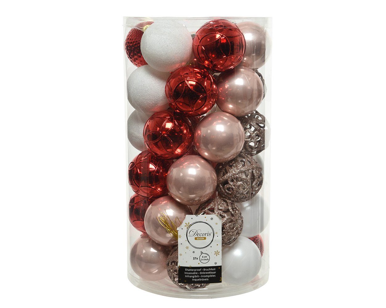 Kaemingk Weihnachtsbaumkugel, Weihnachtskugeln Kunststoff Ornamente 6cm 37er Set - Rosa / Rot / Weiß