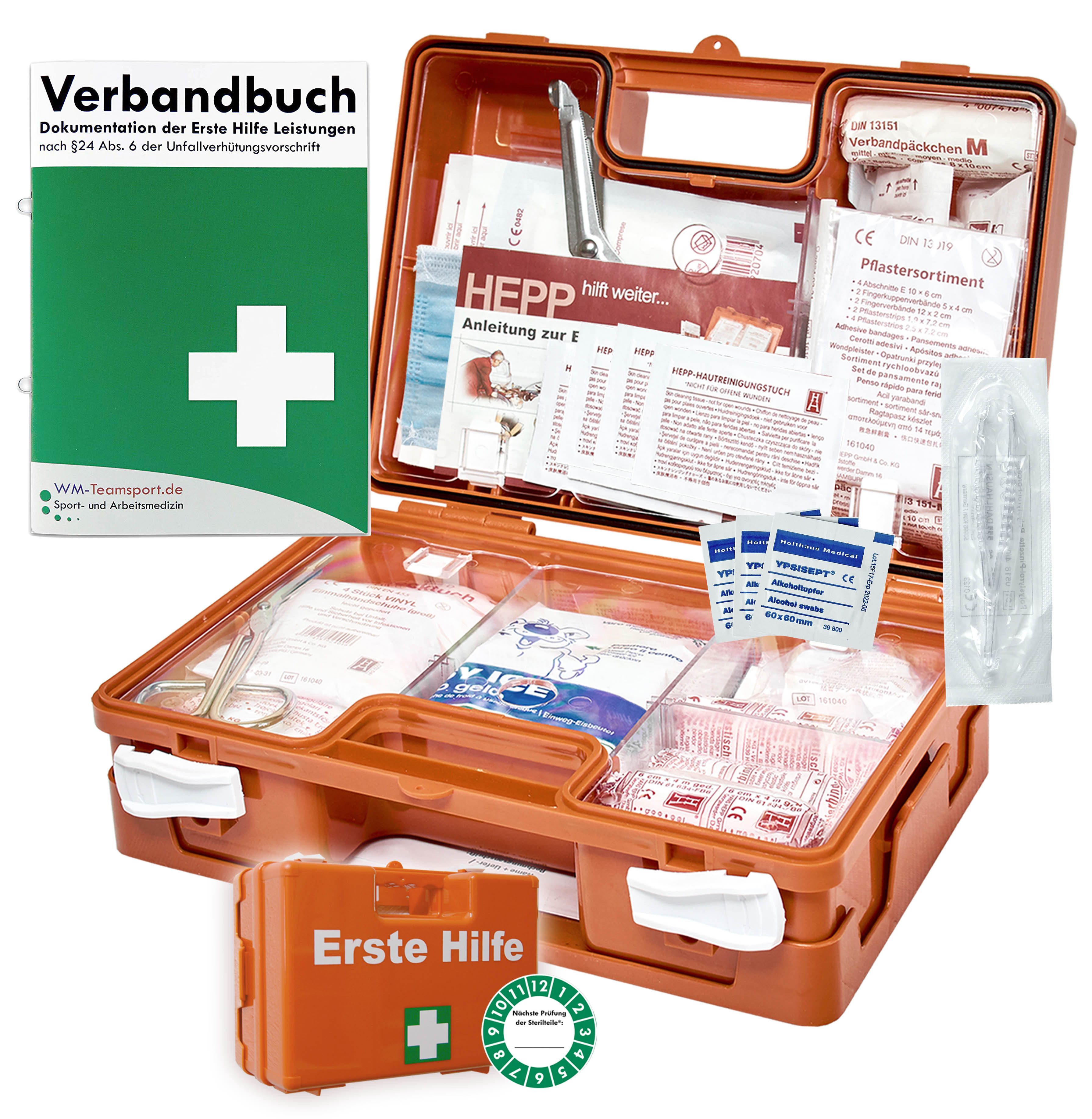 WM-Teamsport Erste-Hilfe-Koffer Verbandskasten NEUE DIN 13157 für BETRIEBE +DIN 13164 KFZ +Verbandbuch, (Haltbarkeit der Sterilteile ca. 5 Jahre), Schneller Versand incl. Rechnung mit ausgew. MWSt.