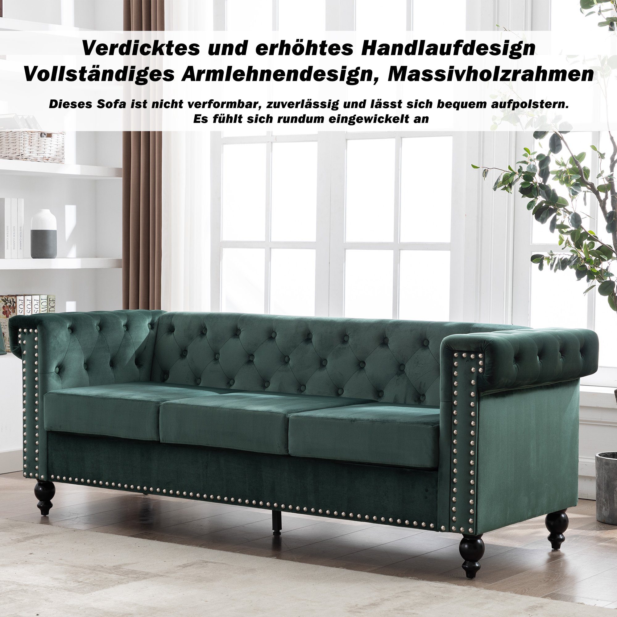 3-Sitzer, mit edler Knopfheftung und typischen Armlehnen, Sofa in Chesterfield-Optik, mit Federkern und Holzfüße, Bezug aus Samt