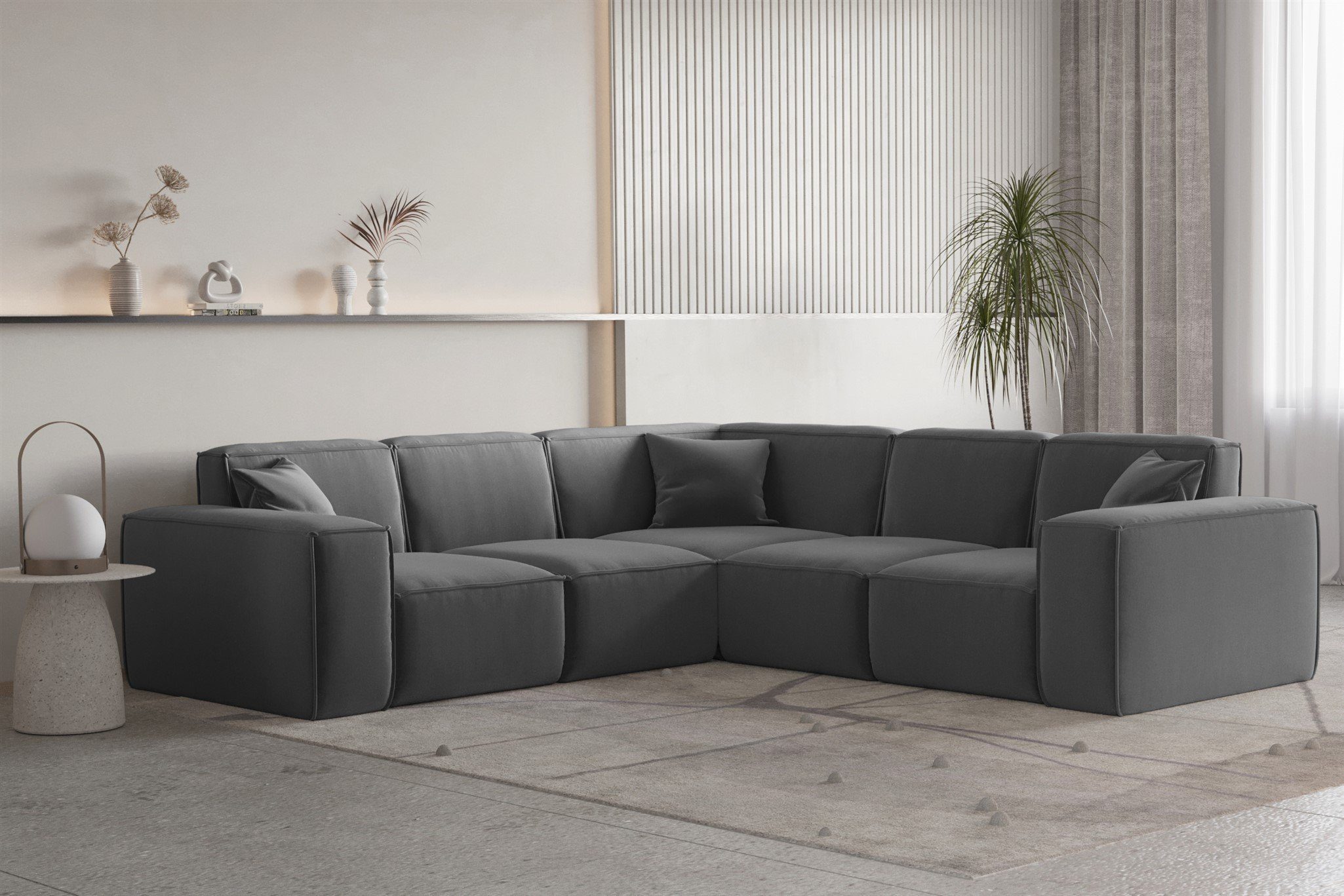 in Ecksofa Seite Ecksofa Stoff, 3 Universal Zierkissen PREMIUM Möbel Fun CELES Designersofa Inkl.