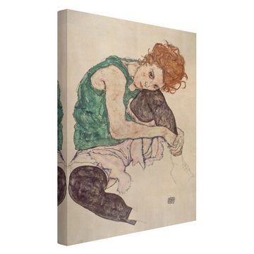 Bilderdepot24 Leinwandbild Kunstdruck Egon Schiele Sitzende Frau grün Bild auf Leinwand Groß XXL, Bild auf Leinwand; Leinwanddruck in vielen Größen