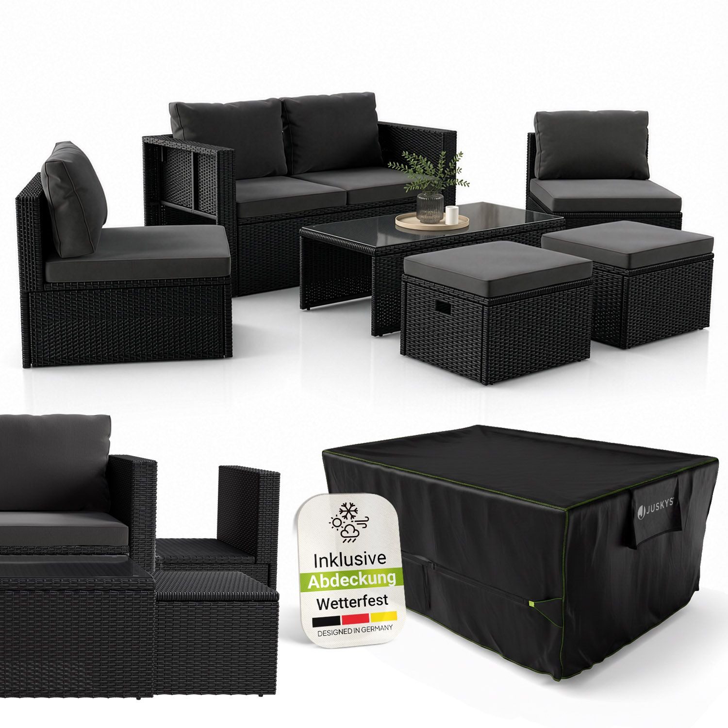 Juskys Gartenlounge-Set Salou, (6-tlg), für 6 Personen, Polyrattan, Glasplatte, mit Kissen & Abdeckung