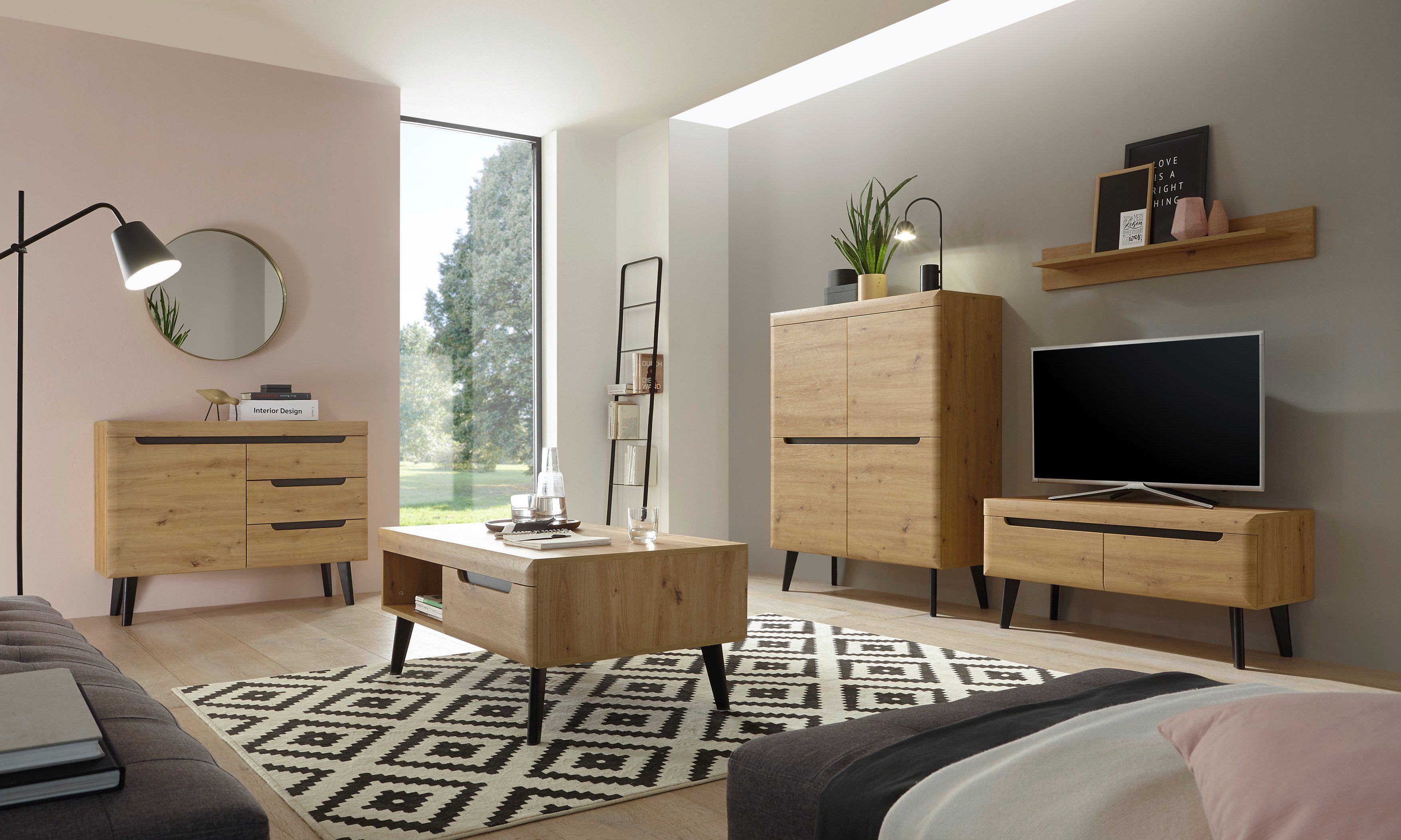 99rooms Wohnwand Tasania, (Set (5-St), Wohnmöbel), bestehend aus Lowboard, Sideboard, Highboard, Wandboard, Couchtisch