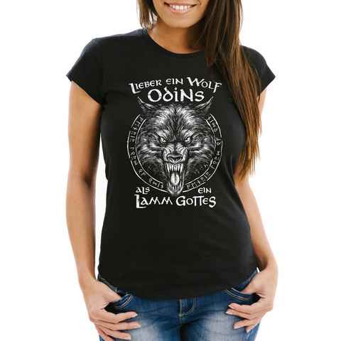 Neverless Print-Shirt Damen T-Shirt Spruch Lieber ein Wolf Odins als ein Lamm Gottes Wikinger nordische Mythologie Fashion Streetstyle Neverless® mit Print