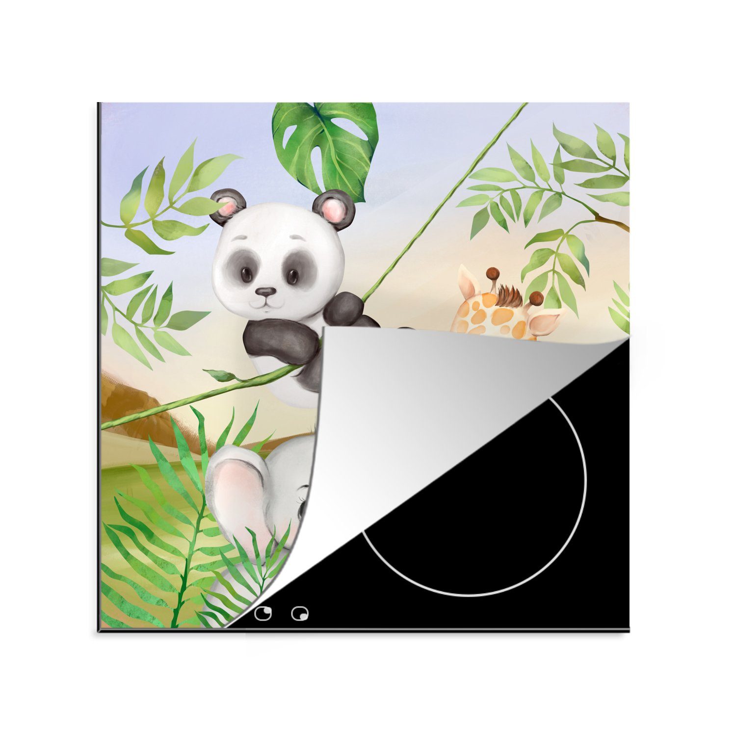MuchoWow Herdblende-/Abdeckplatte Dschungel - Blätter - Tiere - Grün, Vinyl, (1 tlg), 78x78 cm, Ceranfeldabdeckung, Arbeitsplatte für küche
