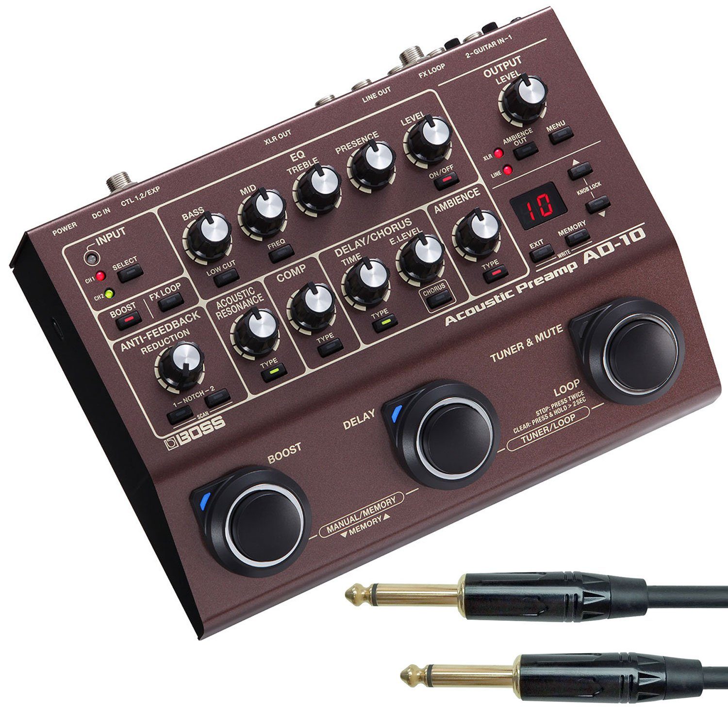 Boss by Roland Akustikgitarre Boss AD-10 Effektgerät für Akustik-Gitarre mit Kabel, Effektgerät, Akustik-Gitarre, Effektgerät