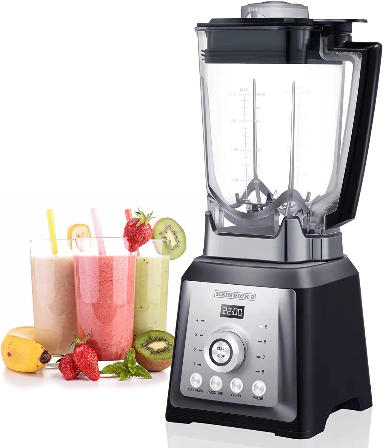 Heinrich´s Standmixer ‎HPM 8160, 2000 W, 32000 U/Min, 8 Stufen, Mixer, Ice-Crusher, Smoothie Maker