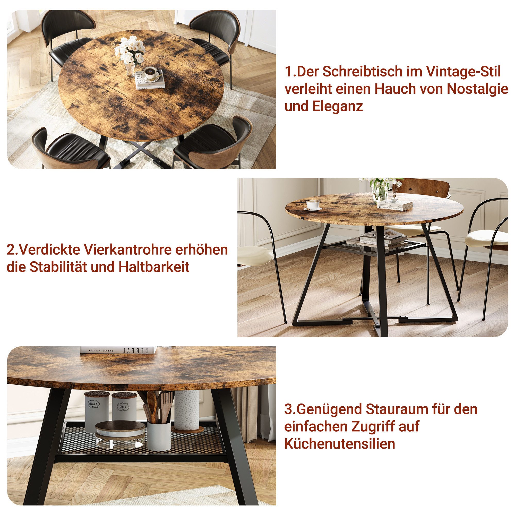 BELUPAI Esstisch Runder Esszimmertisch mit Stauraum (Set, 1-St., Metallgestell,4-6 Personen Ø120 cm Küchentisch für Wohnzimmer), Bruan
