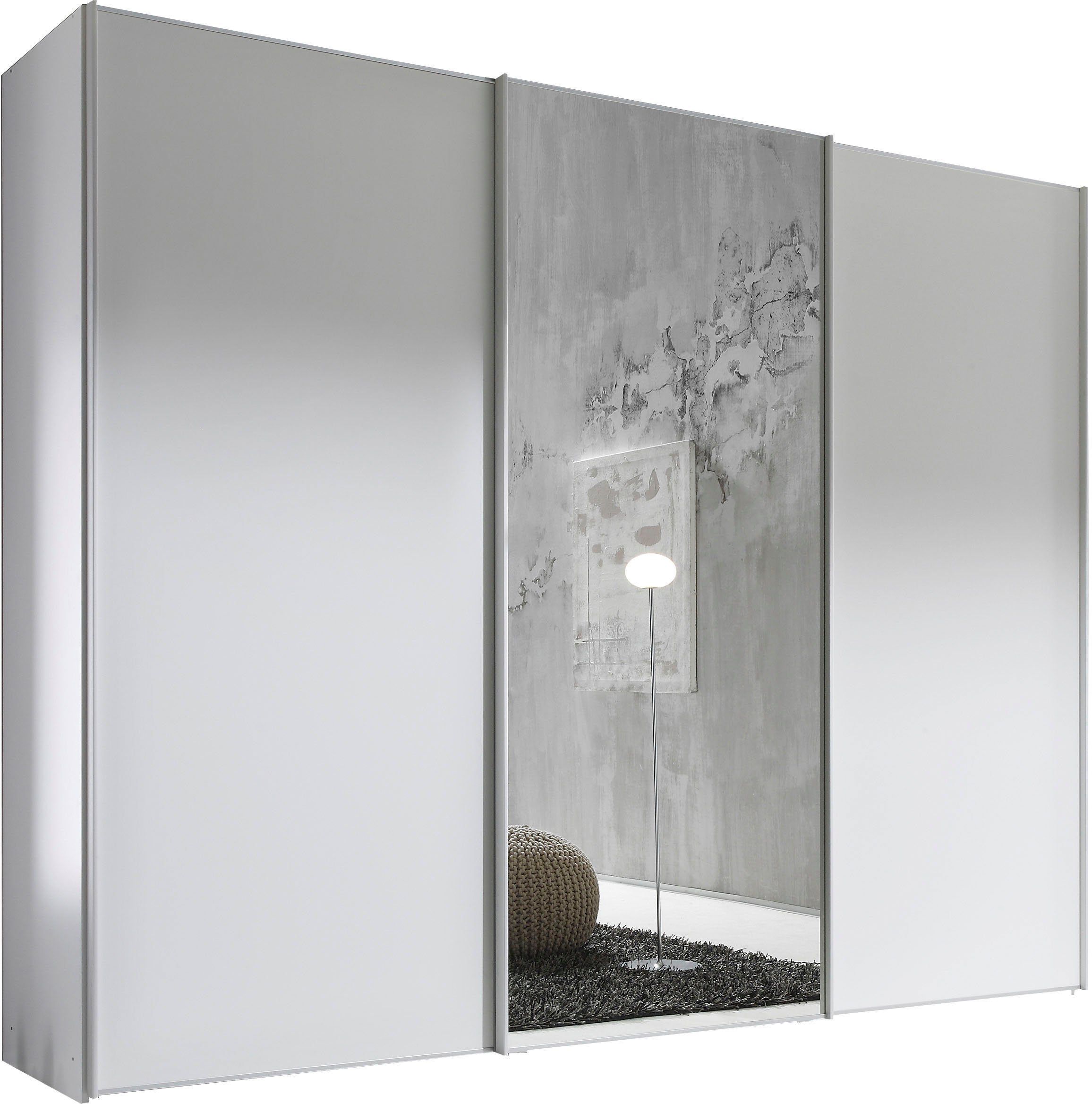 STAUD Schwebetürenschrank verschiedenen Plus und Ausstattungsvarianten vier Weiß Weiß Dekor Spiegeltür | Mit Sinfonie