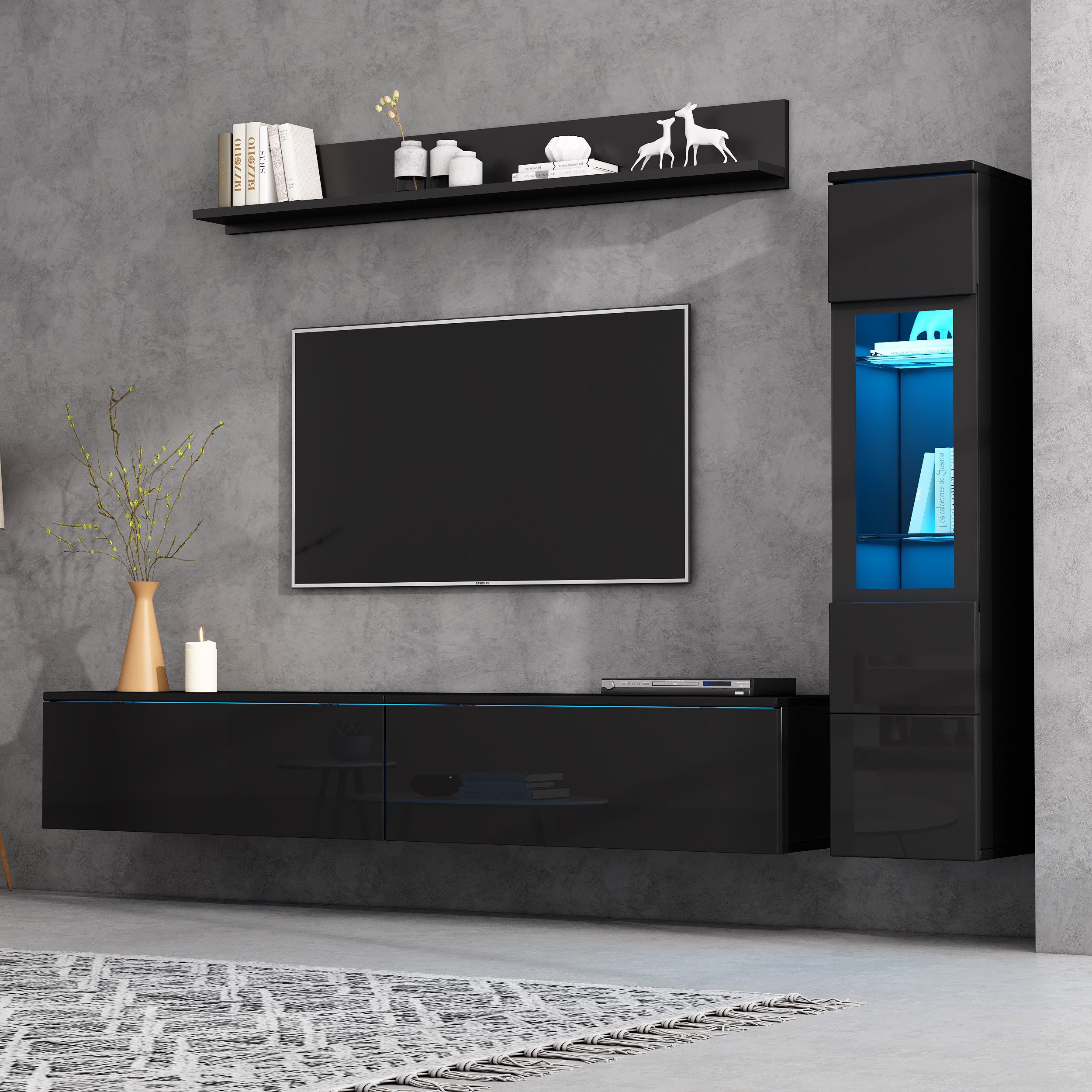 Merax Wohnwand mit LED-Beleuchtung, in Hochglanz Weiß/Schwarz, (3-St), 3-teilig TV-Wohnwand Set mit TV Schrank, Vitrine & Hängeregal