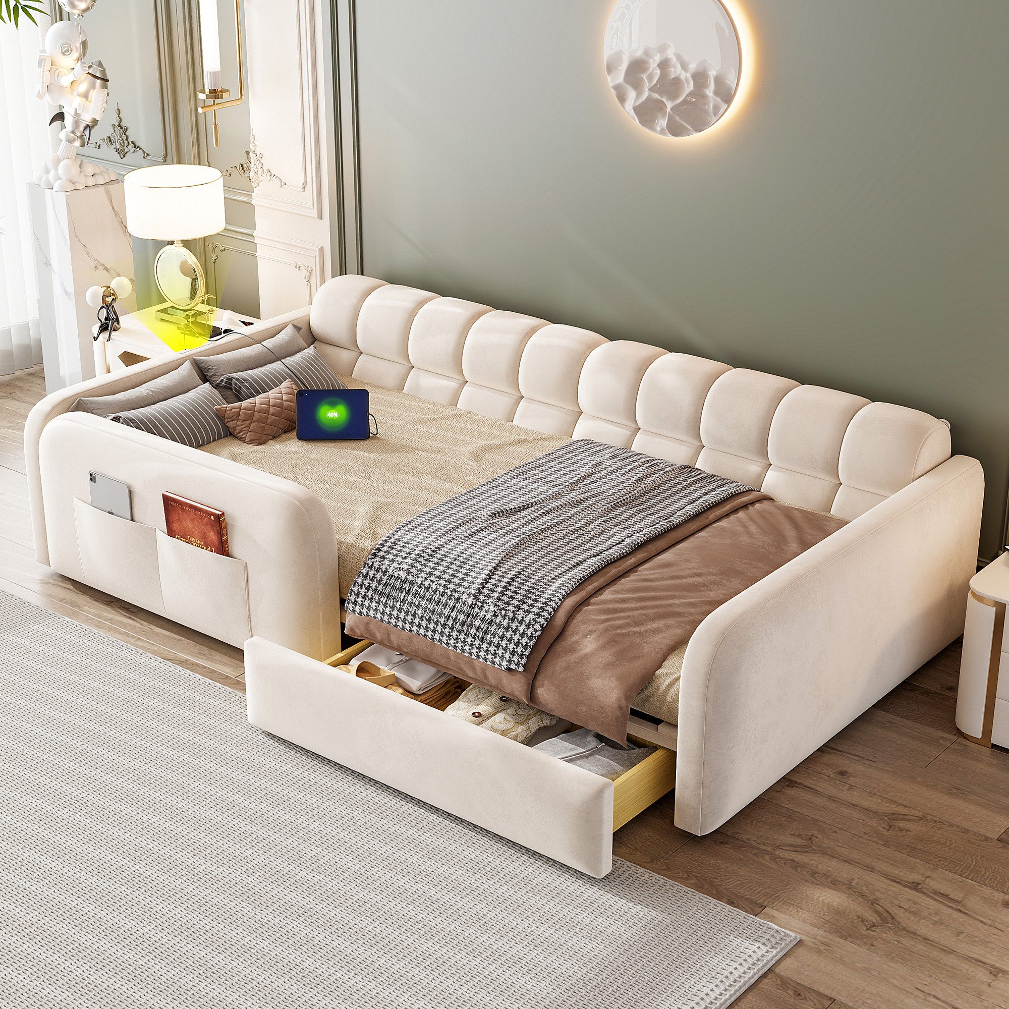 Merax Polsterbett mit USB/USB-C Ladeanschluss, Jugendbett, Samtbezug (Tagesbett Sofabett, 1-tlg), Kinderbett 90x200cm mit Schublade Nachtlicht Sicherheitsgeländer