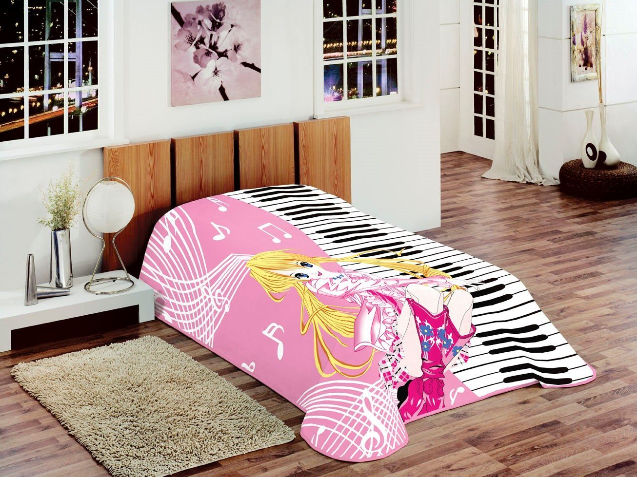 Tagesdecke Decke Kinderdecke Spieldecke Kuscheldecke Wohndecke Prinzessin mit Piano Design Rosa Pink Gelb Weiß Bunt, Teppich-Traum