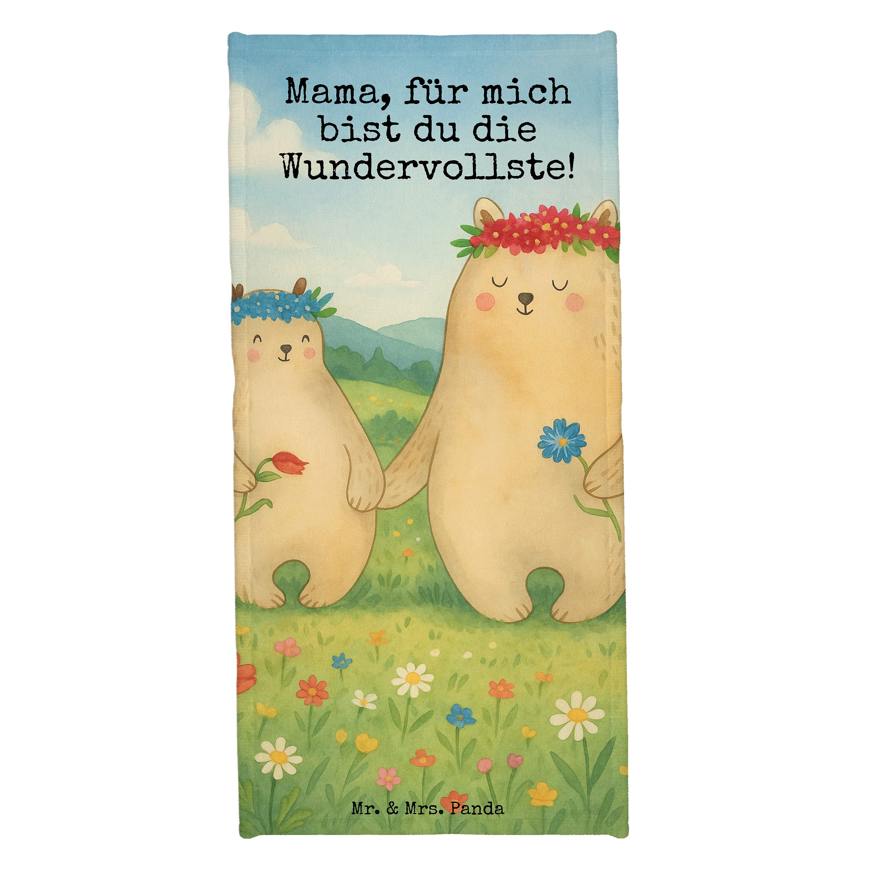 Mr. & Mrs. Panda Handtuch Bären mit Blumenkranz Design, Badehandtuch, Weiß, Frottier, Badetuch, Kunstfaser (Packung, 1-St)