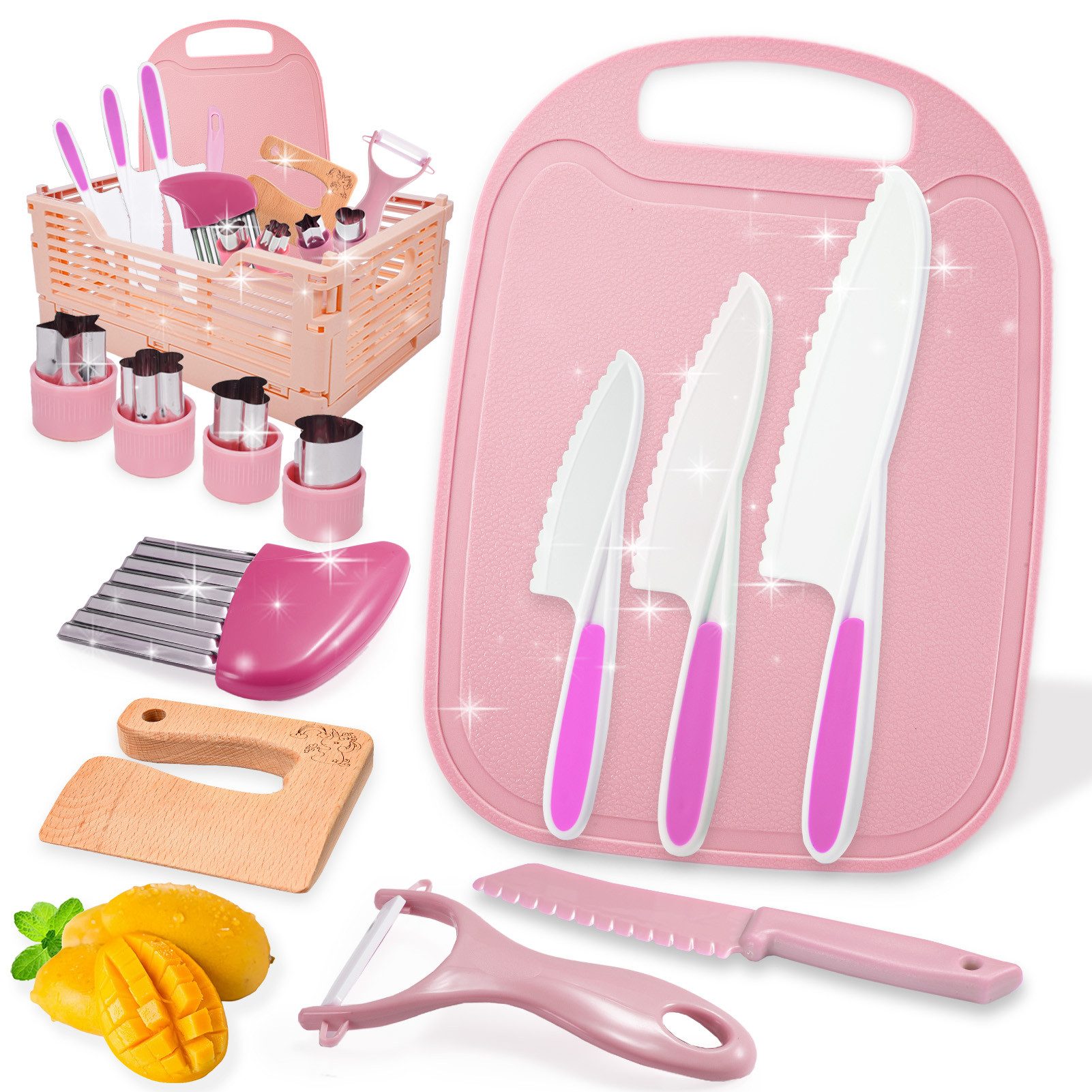 Wootoy Kinder-Küchenset Küchenspiele Kinder Küchenmesser Set 13-teilig mit Aufbewahrungsbox, (Lernspielzeug Messerspielzeug für Kinder, 13-tlg., mit Gezahnte Klinge Messern Schneidebrett Schäler Ausstechformen), Ideal für Rollenspiele sowie kreative Familien und Freizeitaktivitäten
