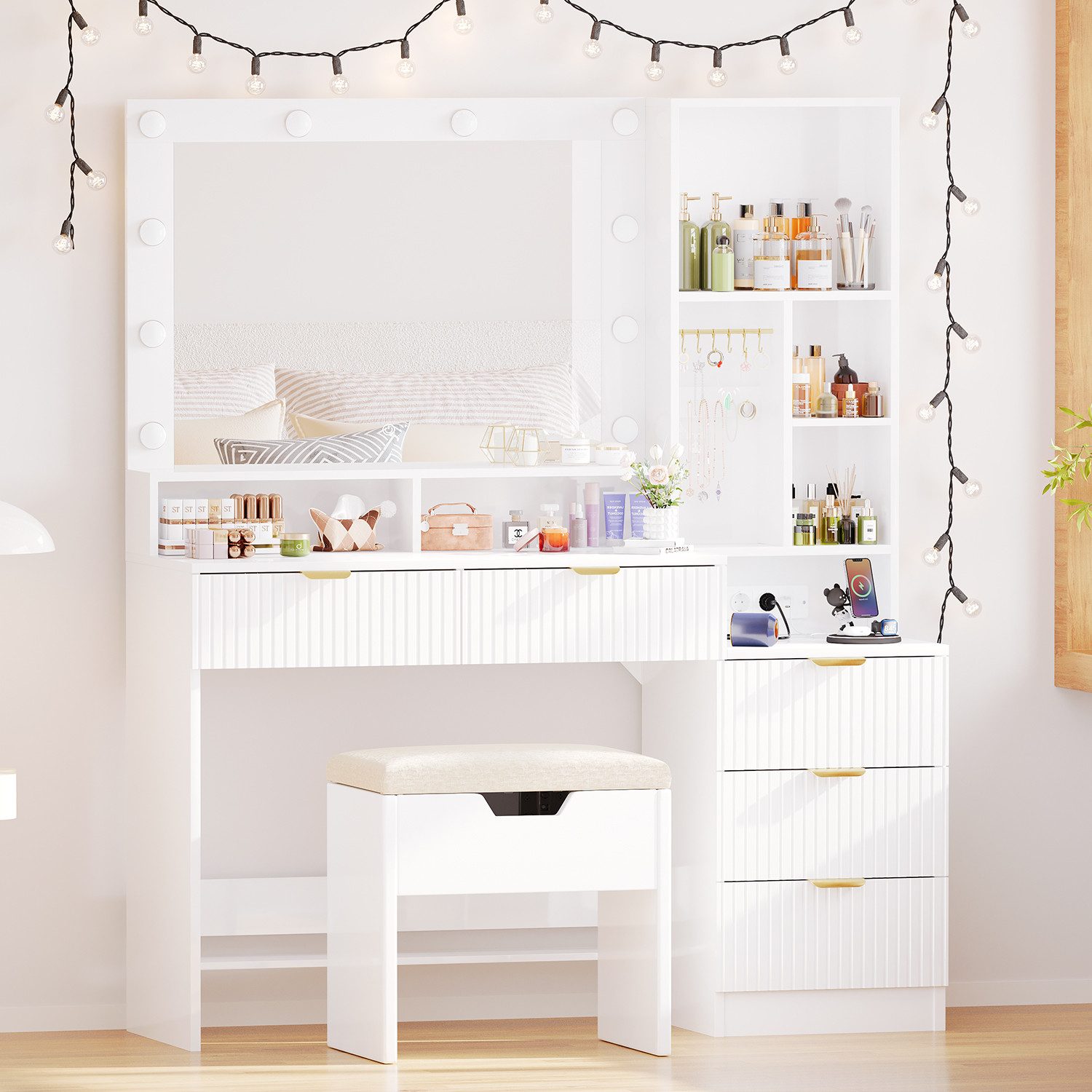 HOMALL Schminktisch Vertikale Streifen mit 5 Schubladen und 7 offenen Fäche günstig online kaufen