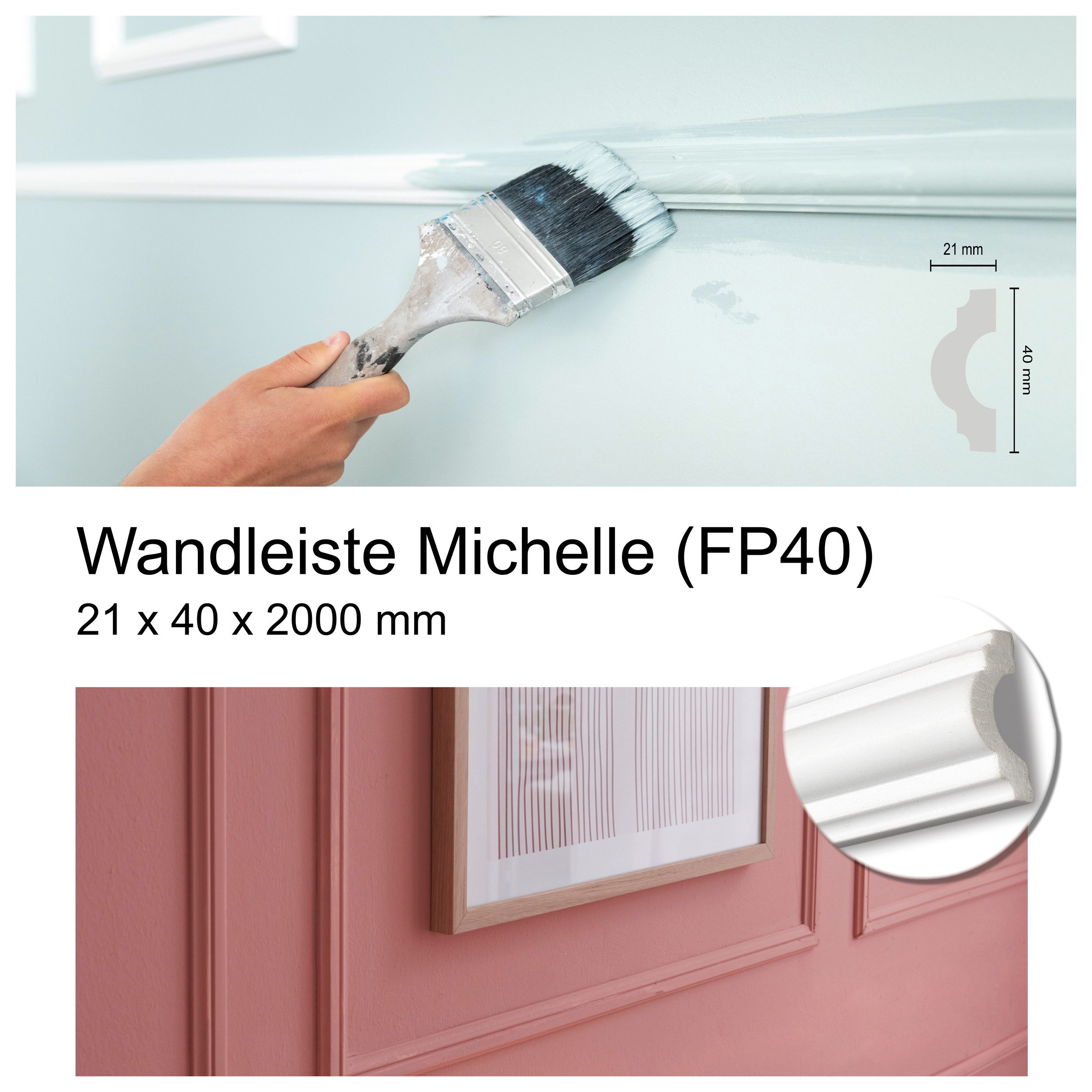 Decosa Zierleiste Decosa Wandleiste Michelle, 40 mm, Länge: 2 m - 01 Stück, Kleben, Polystyrol (Styropor), Stoß- und schlagfest