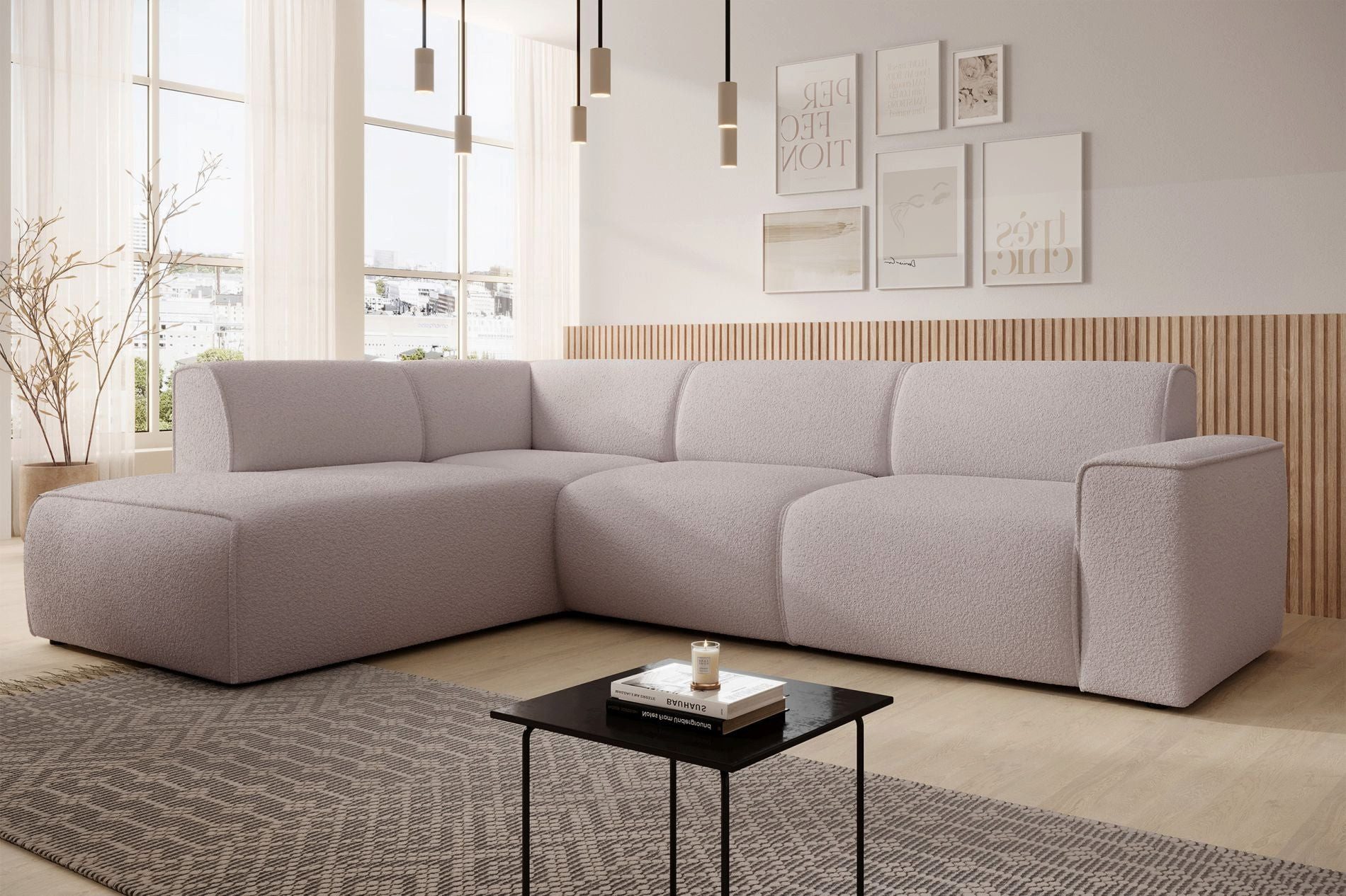 Selsey Ecksofa BOUVI, Ecksofa mit Rückenlehne an der Ottomane, Bouclé, 292 cm