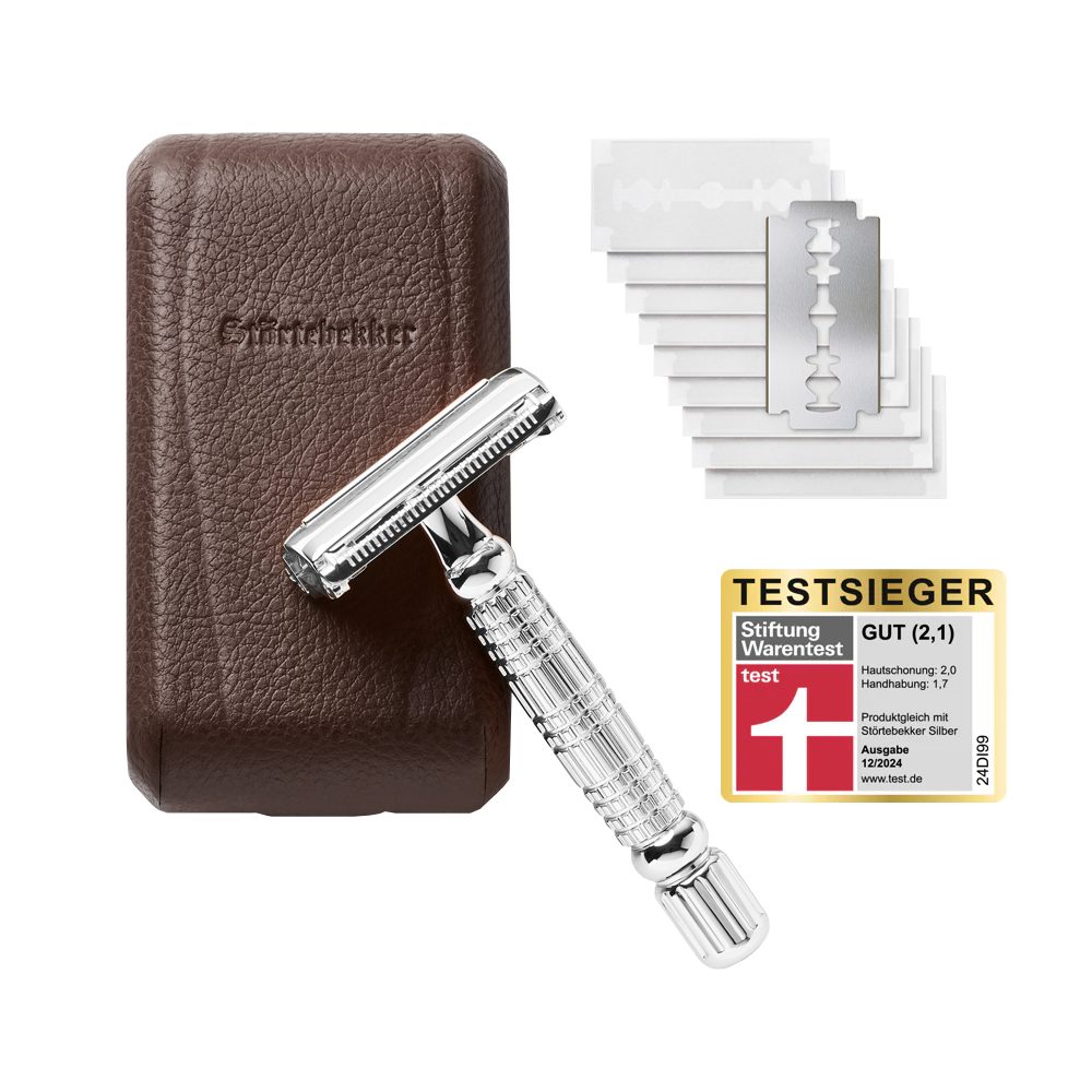 Störtebekker Rasierhobel Herren - Silber - im handgefertigten Lederetui inkl. 10 Klingen, perfekt für Einsteiger
