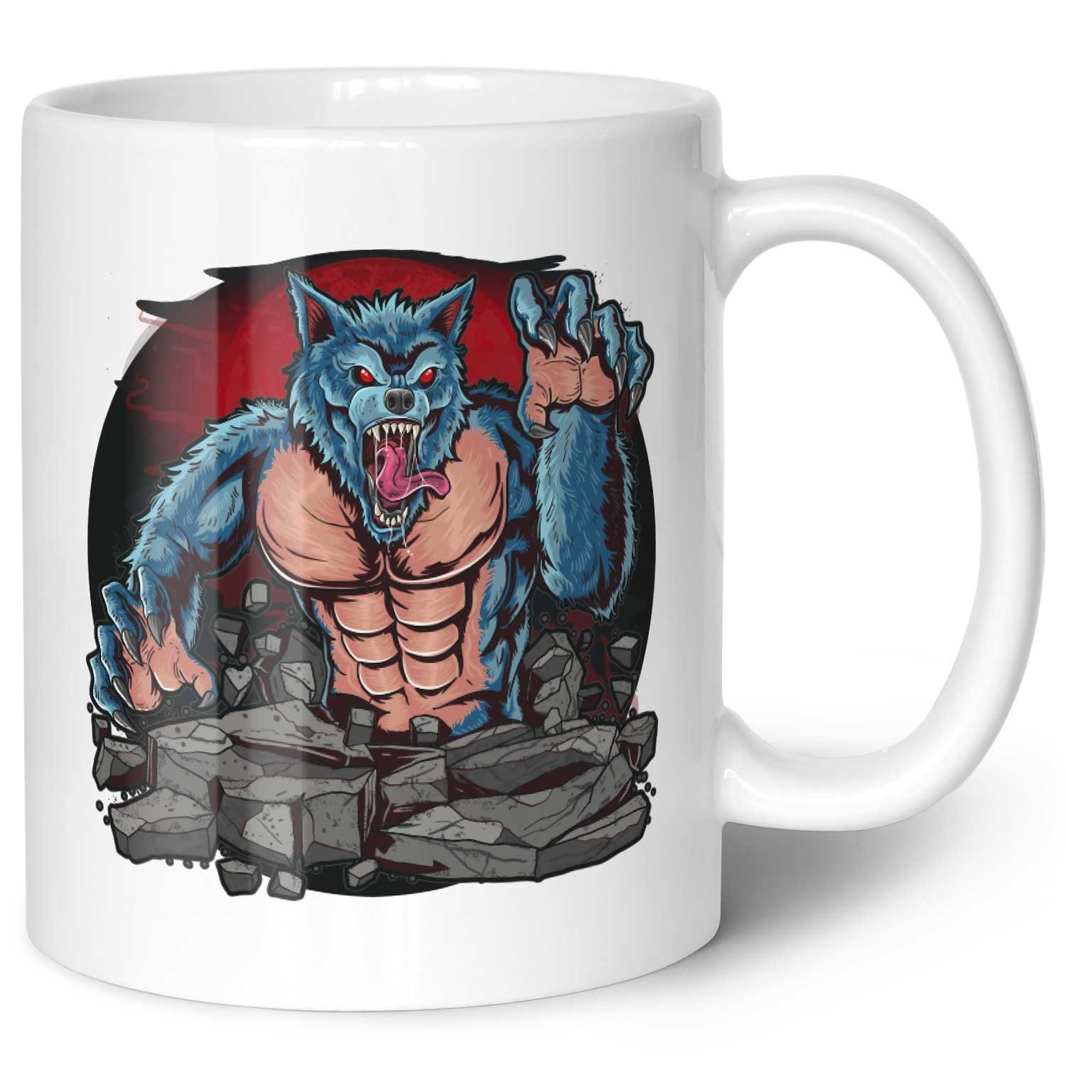 GRAVURZEILE Tasse mit Motiv im Halloween Werwolf Design, Keramik, Farbe: Weiß V2