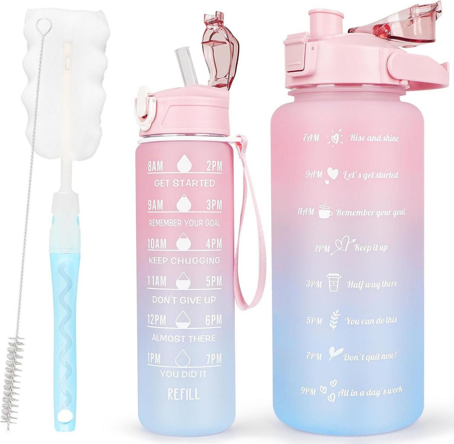 Becher 2er Pack Trinkflasche BPA-frei 2L+750ml mit Zeitmarkierung & Strohhalm