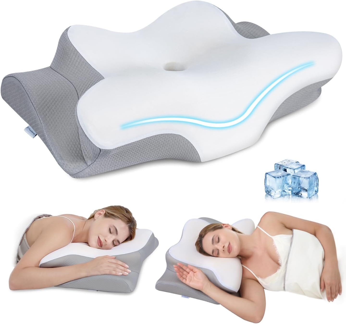 POPOLIC Kopfkissen Nackenstützkissen, Seitenschläferkissen, Füllung: Memory-Schaum, Bezug: abnehmbare atmungsaktive Eisseide, für Rücken-, Seiten- & Bauchschläfer, Ergonomisches Kopfkissen, Pillow Kissen für Seiten, stützendes Nackenkissen, ergonomisches Seitenschläferkissen