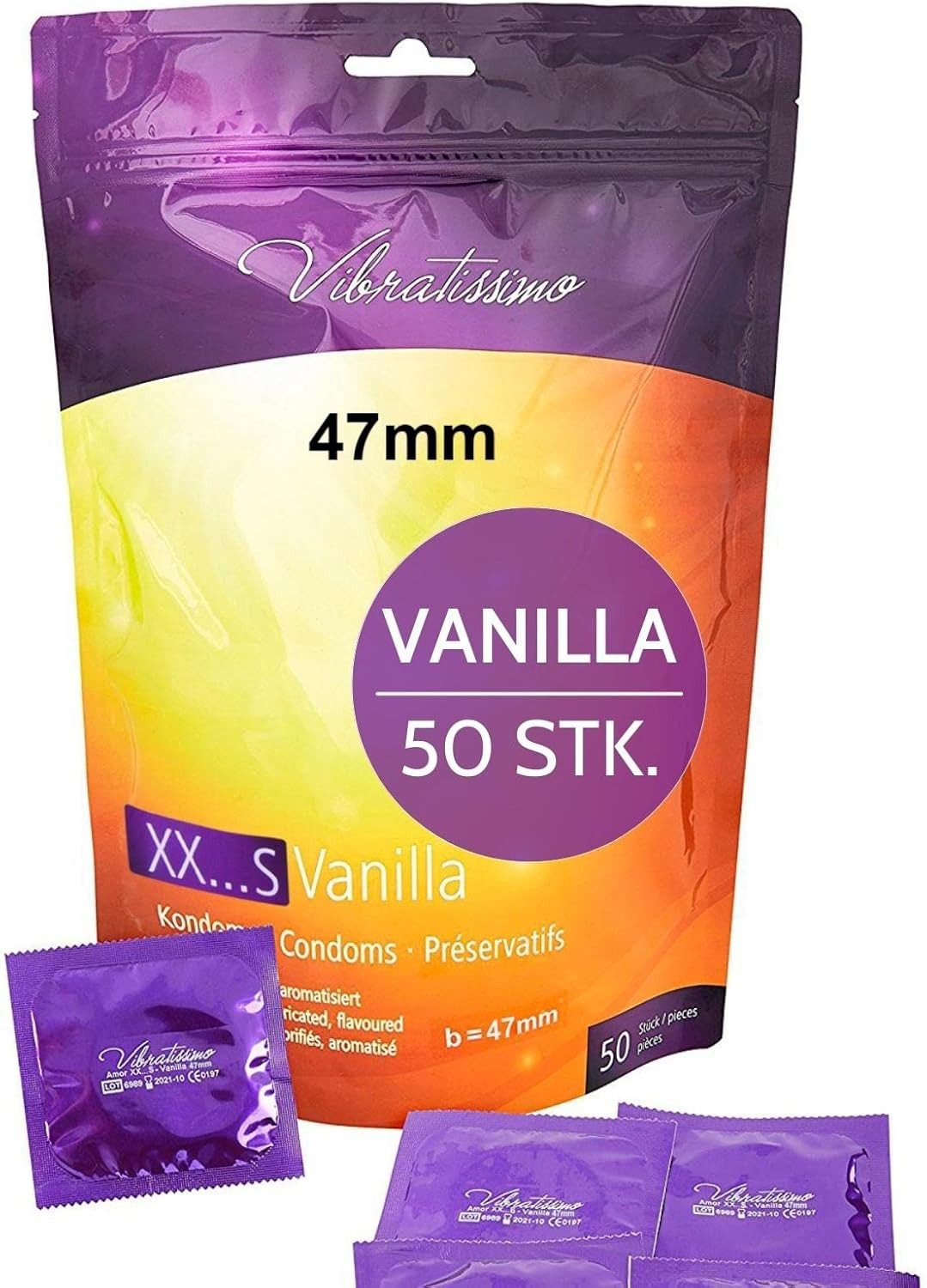 Vibratissimo Kondome Premium Vanilla, verschiedene Größen, aromatisiert mit dezentem Vanilleduft, 47-69mm Durchmesser