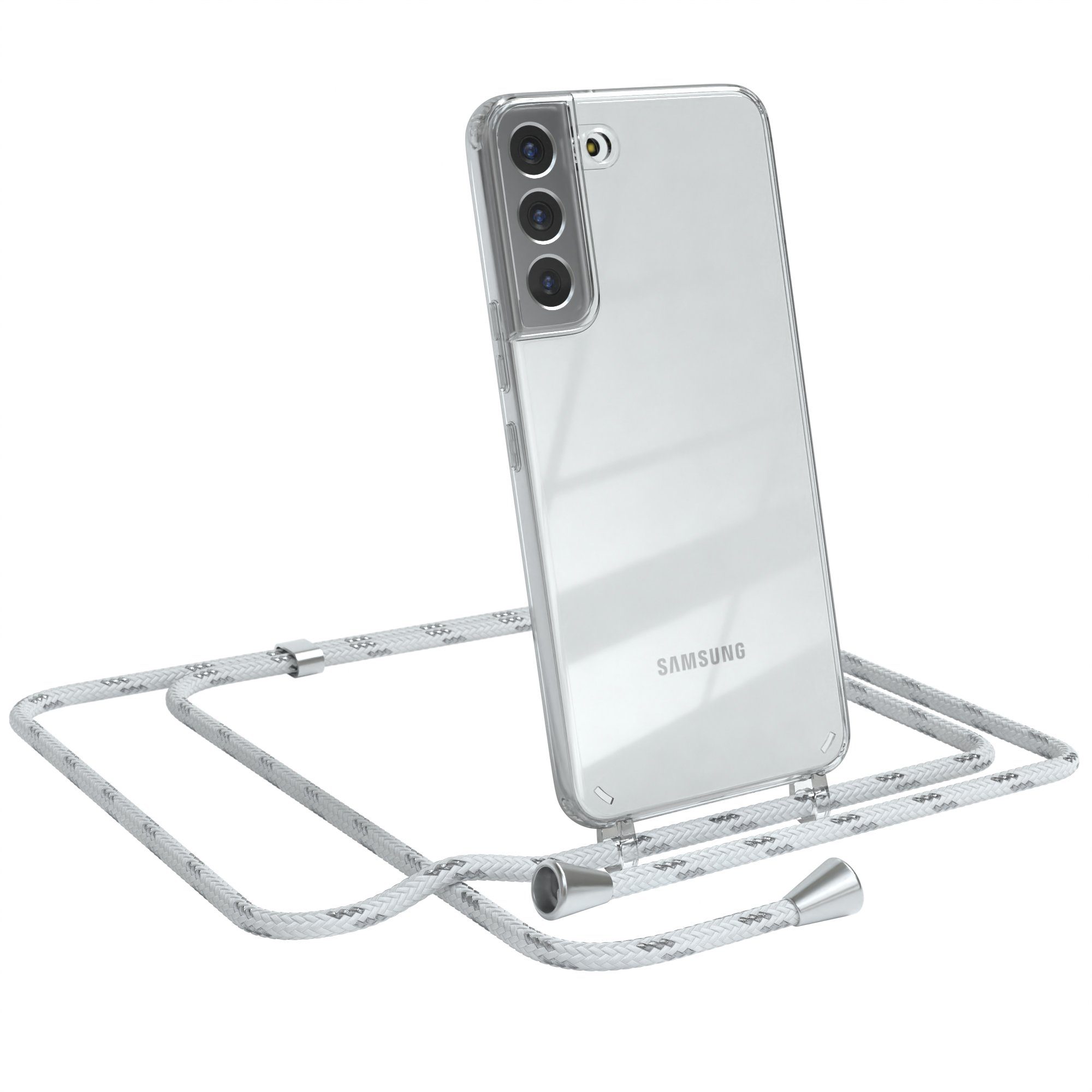 EAZY CASE Handykette Hülle mit Kette für Samsung Galaxy S22 Plus 5G 6,6 Zoll, Hülle Smartphonekette für Unterwegs Festivalhülle Transparent Weiß
