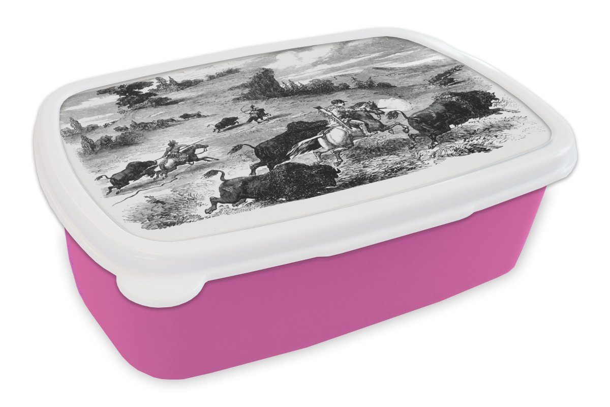 MuchoWow Lunchbox Eine Illustration der Bisonjagd, Kunststoff, (2-tlg), Brotbox für Erwachsene, Brotdose Kinder, Snackbox, Mädchen, Kunststoff rosa | Lunchboxen