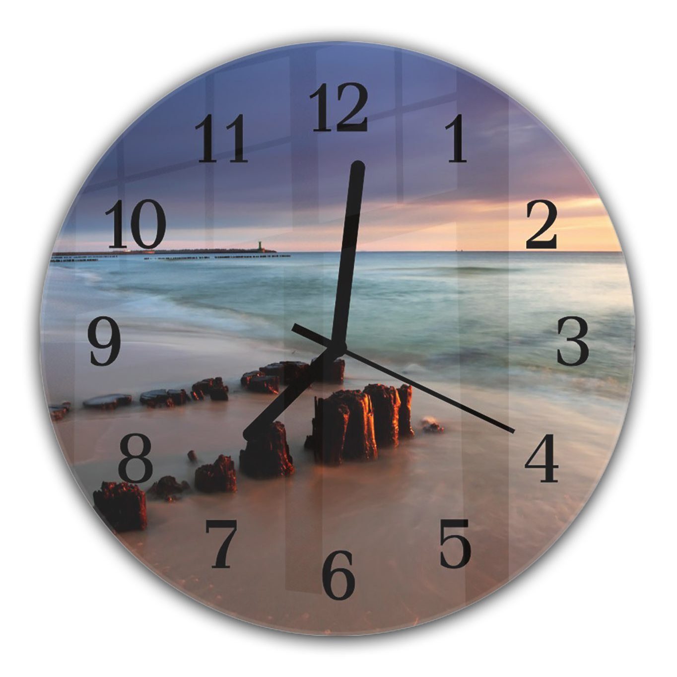Primedeco Wanduhr Wanduhr aus Glas mit Motiv Sonnenaufgang am Strand - Rund mit Durchmesser 30 cm und Quarzuhrwerk