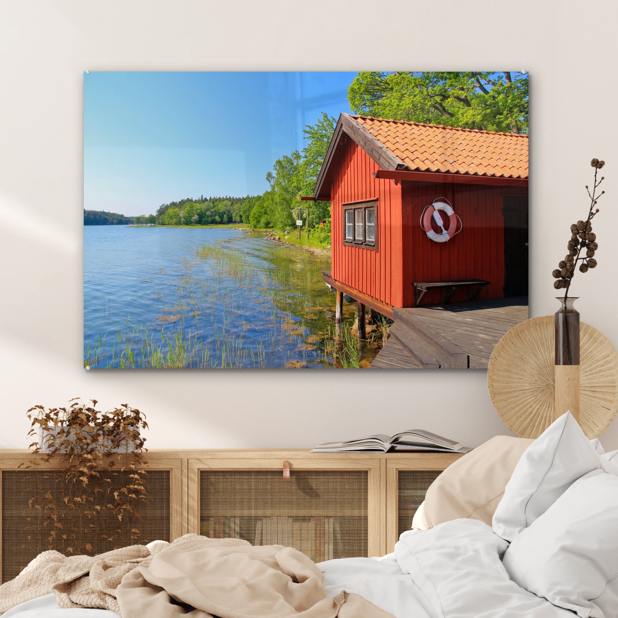 MuchoWow Acrylglasbild Wohnzimmer an ruhigen & Holzhaus Ängsö-Nationalpark, Acrylglasbilder im einem Schweden, See St), Schlafzimmer (1