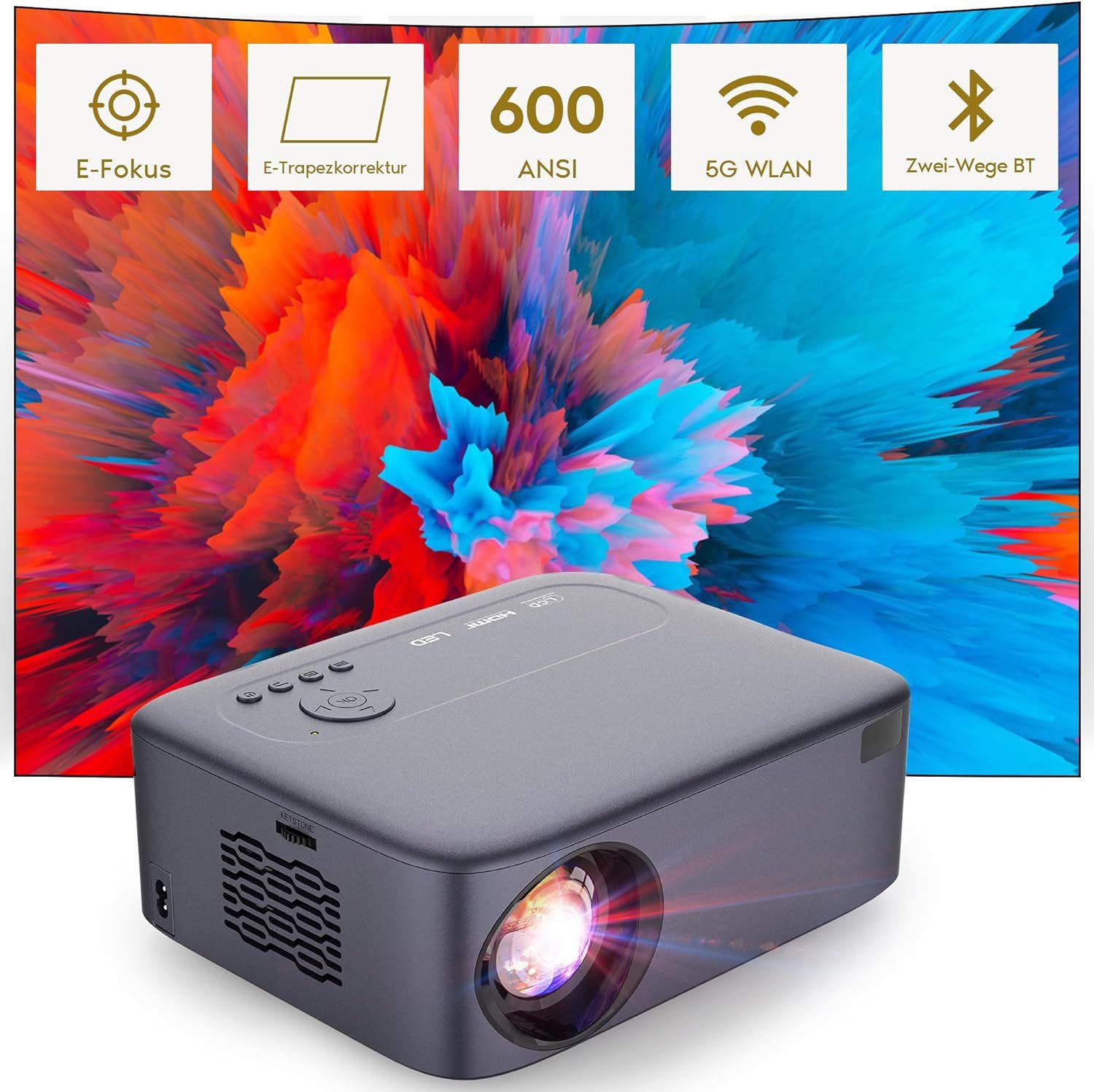 Puxinat 5G WLAN Zwei-Wege Bluetooth 4K Heimkino Portabler Projektor (20000 lm, 10000:1, 1920 x 1080 px, Mit Elektrischer Fokus und Trapezkorrektur und Zoom Kompatibel mit TV)