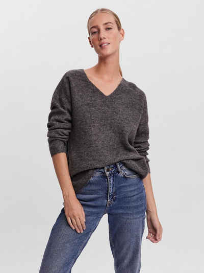 Vero Moda Strickpullover Strickpullover V-Ausschnitt Langarm Sweater VMCREWLEFILE 6112 in Grau