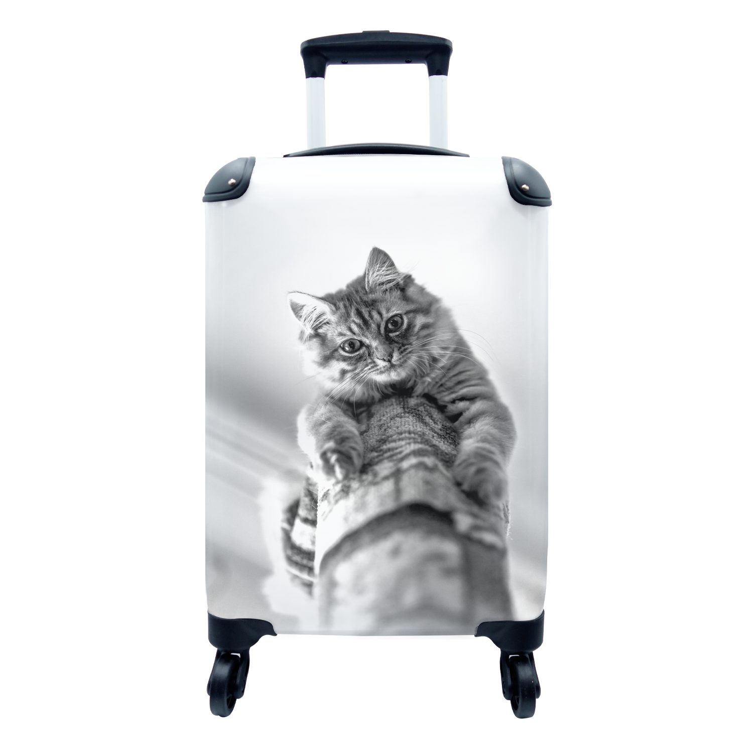 MuchoWow Handgepäckkoffer Neugierige Katze auf Kratzbaum - schwarz und weiß, 4 Rollen, Reisetasche mit rollen, Handgepäck für Ferien, Trolley, Reisekoffer