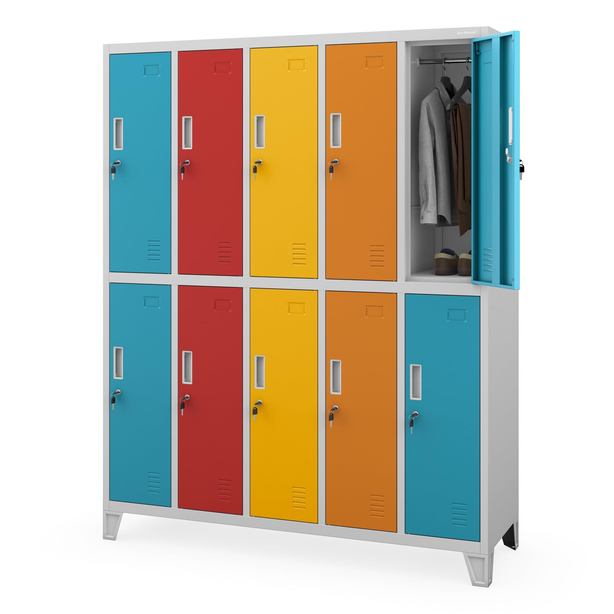 Jan Nowak Mehrzweckschrank Metall Kleiderspind 136 cm BARTEK 10 Fächer abschließbar 172 cm (Umkleideschrank BHP Arbeitsraum Produktion Magazin Sozialraum, 0,6 mm 172 x 136 x 45 cm Wandmontage Kleiderstange 30 kg 66 kg) Lüftungsschlitze Namensschildhalter USB-Montage möglich 18 Farben