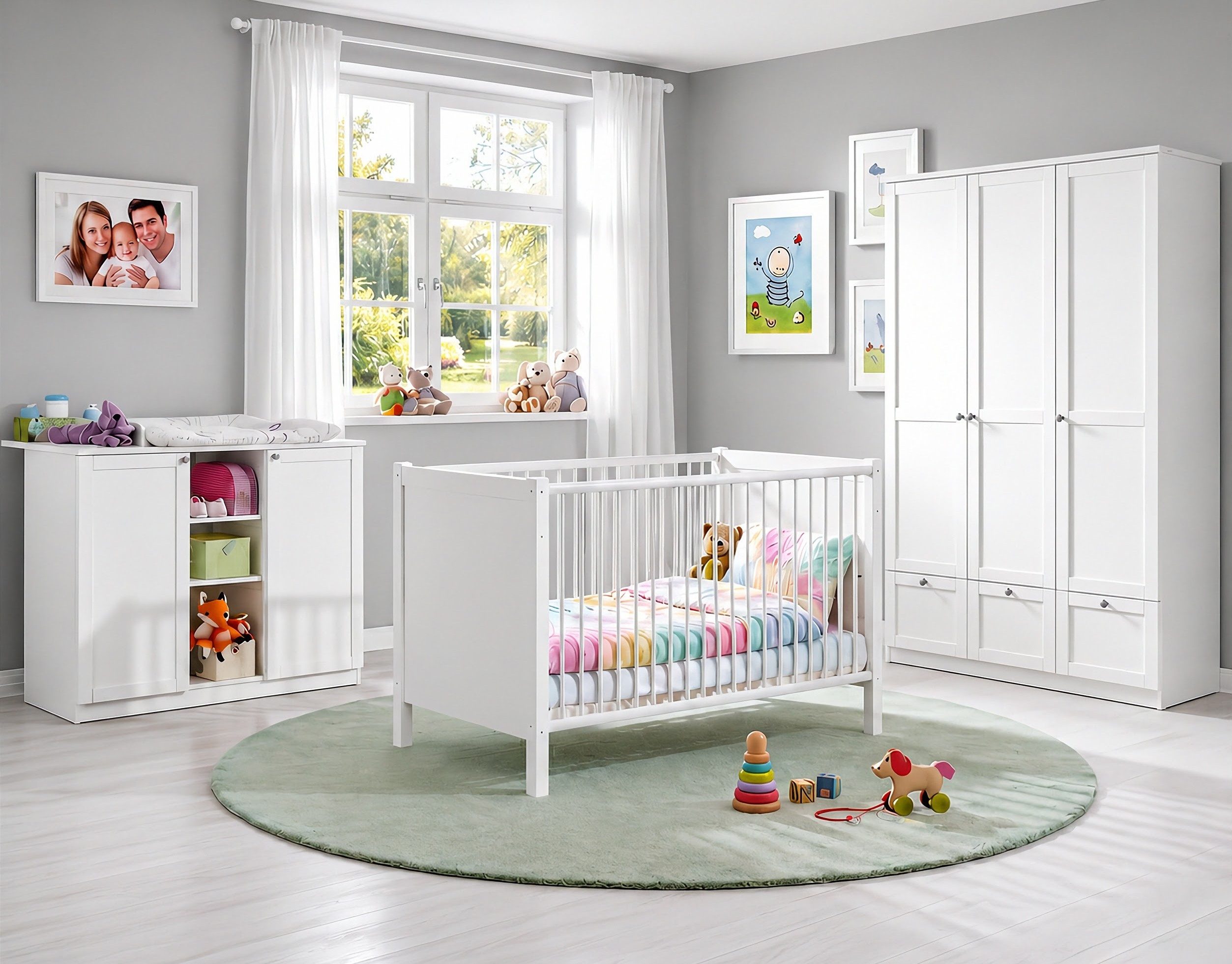 luma-home Babyzimmer-Komplettset 22804, (3-teilig – Babymöbel für Kinderzimmer mit Babybett 70x140 cm, Wickelkommode B122/H101/T75 cm, Soft-Close), 3-tür.Kleiderschrank m.Schubl. B135/H198/T58 Soft-Close, Landhaus Weiß