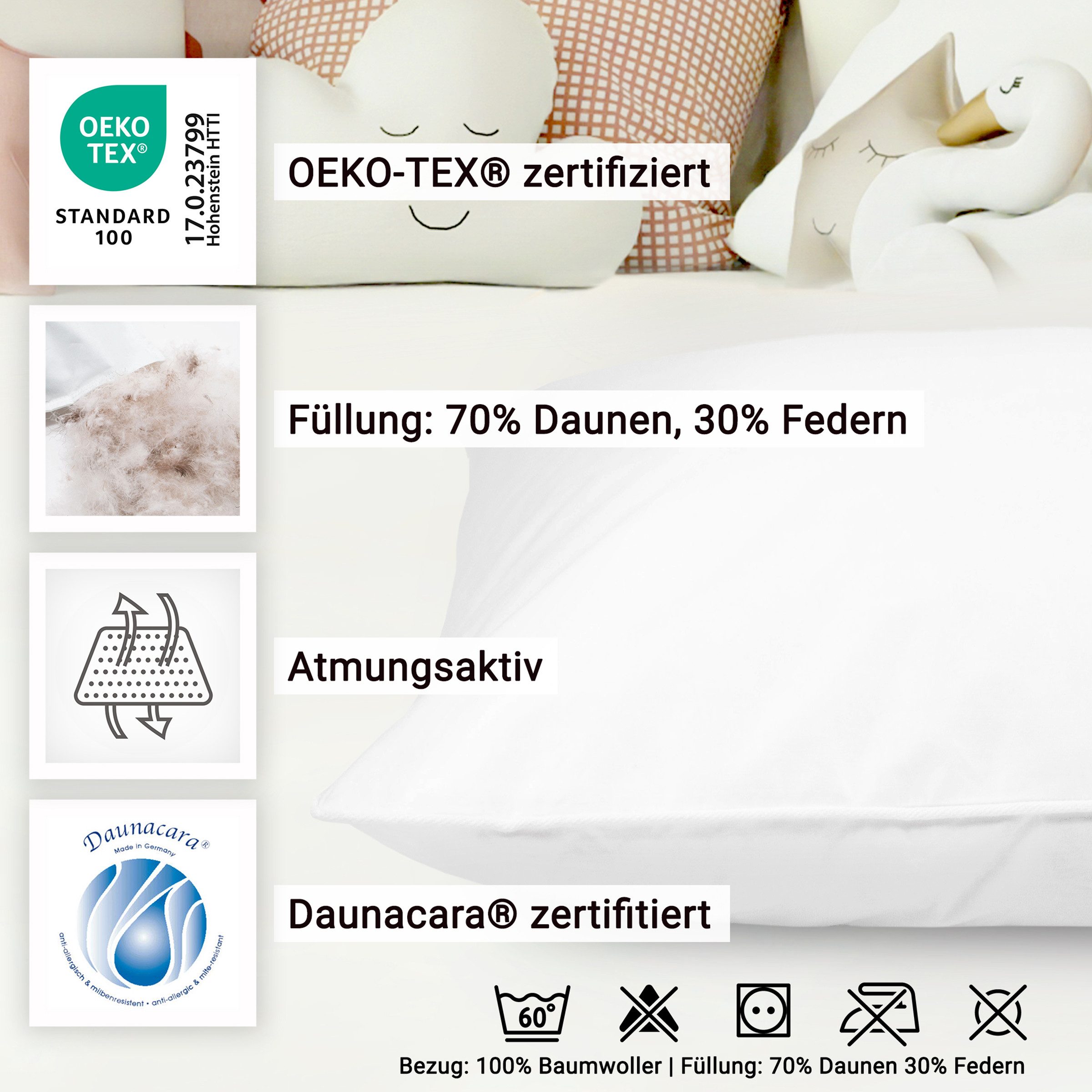 ZOLLNER Kinderbettdecke, Füllung: 70% Federn, 30% Daunen, 80 x 80 cm, 70% Federn, 30% Daunen, vom Hotelewäschespezialisten