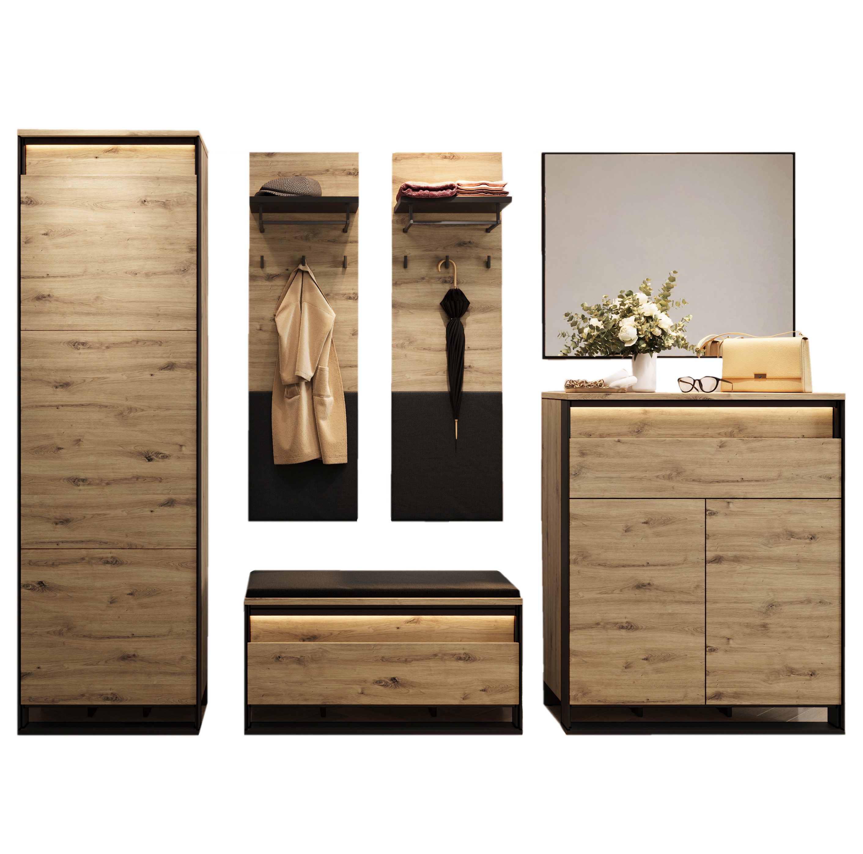 Compleo Garderoben-Set LIMA (Schrank, Schuhschrank, 2x Kleiderbügel, Spiege günstig online kaufen