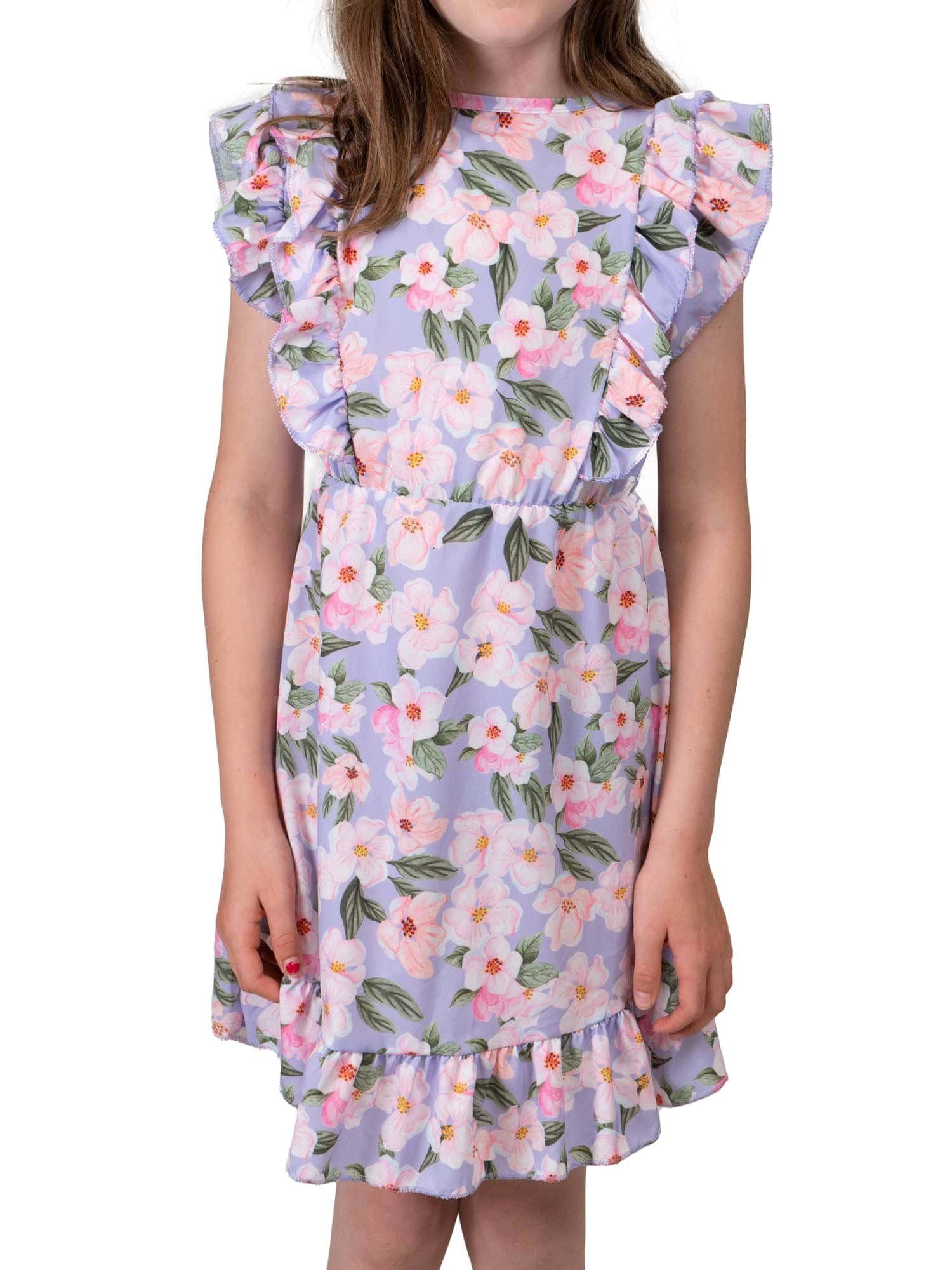 KMISSO Sommerkleid Mädchen Kleid mit Volants Blumenmotiv 30384 (1-tlg) bequem zu tragen Lila