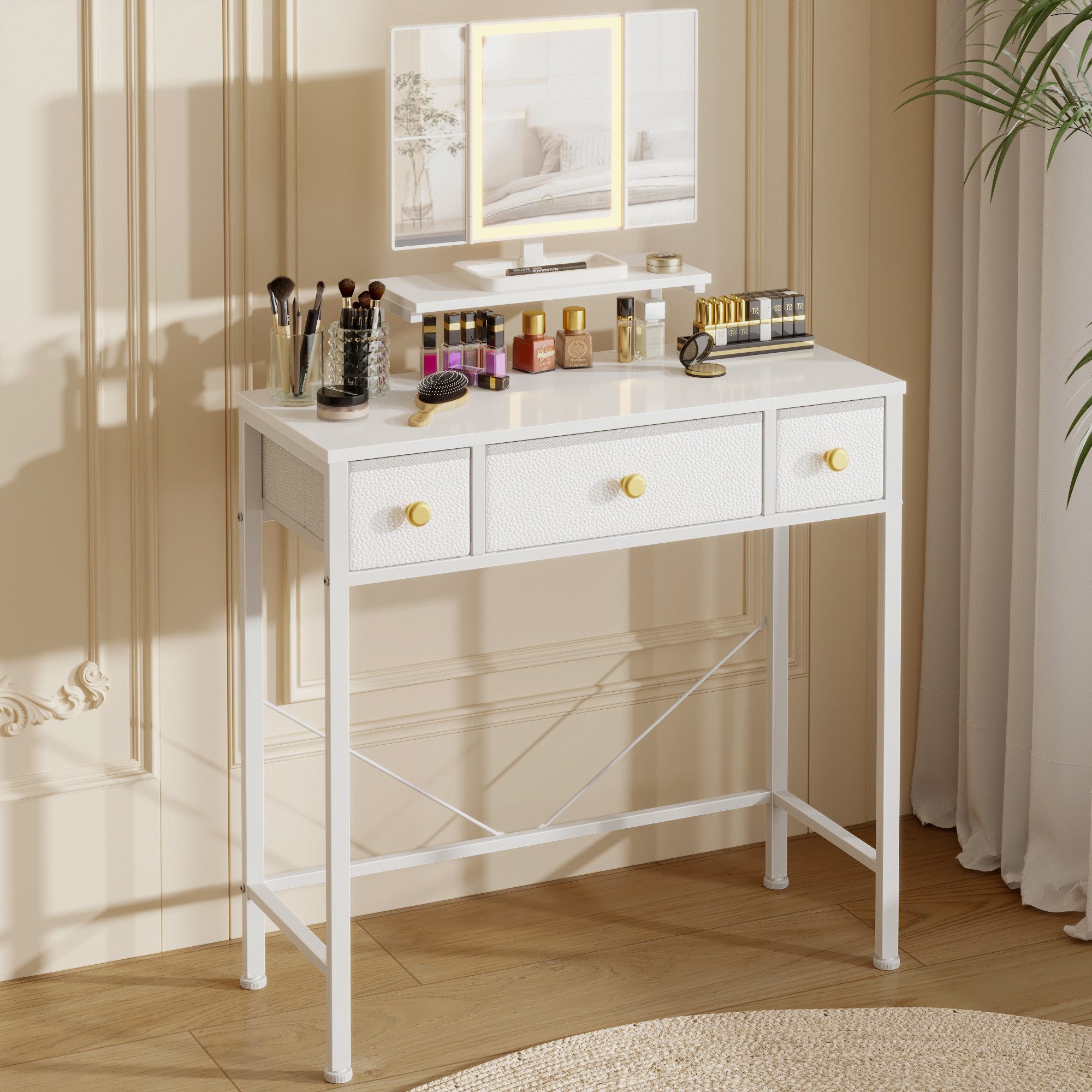 OYRREU Schminktisch inkl. 3-fach Spiegel mit Beleuchtung, Schreibtisch, Beistelltisch weiß (Schminkkommode 1-St), Kosmetiktisch, Stoffschubladen, platzsparend, Kompaktes Design