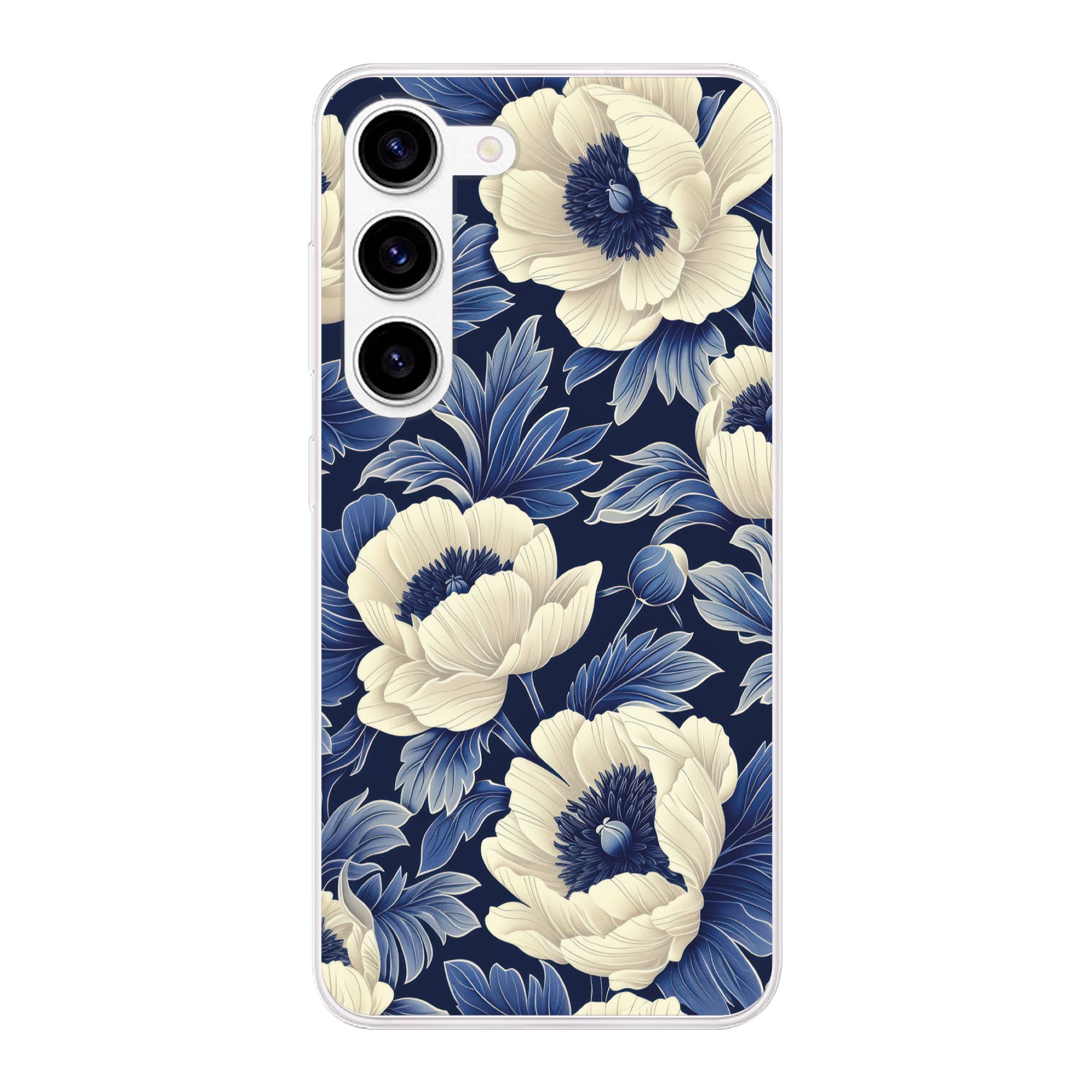 MuchoWow Handyhülle für Samsung Galaxy S23 Blumen - Muster - Blau - Weiß, Phone Case, Silikon, Schutzhülle Dünn