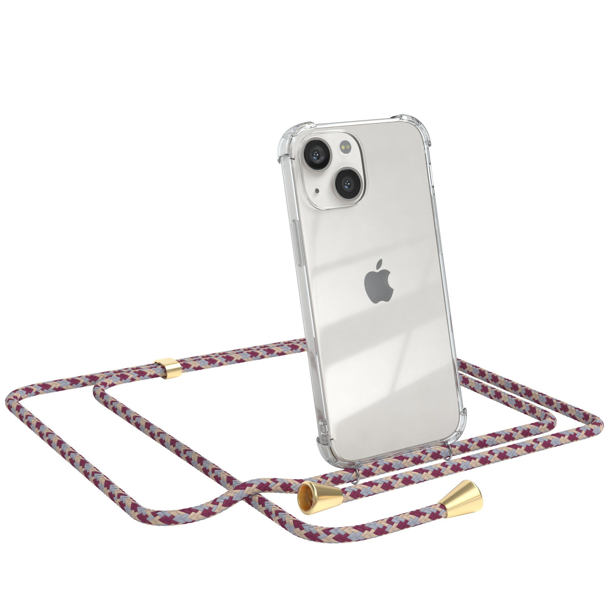 EAZY CASE Handykette Hülle mit Kette für Apple iPhone 13 Mini 5,4 Zoll, Hülle mit Umhängeband Bumper Case Hülle mit Band Rot Beige Camouflage