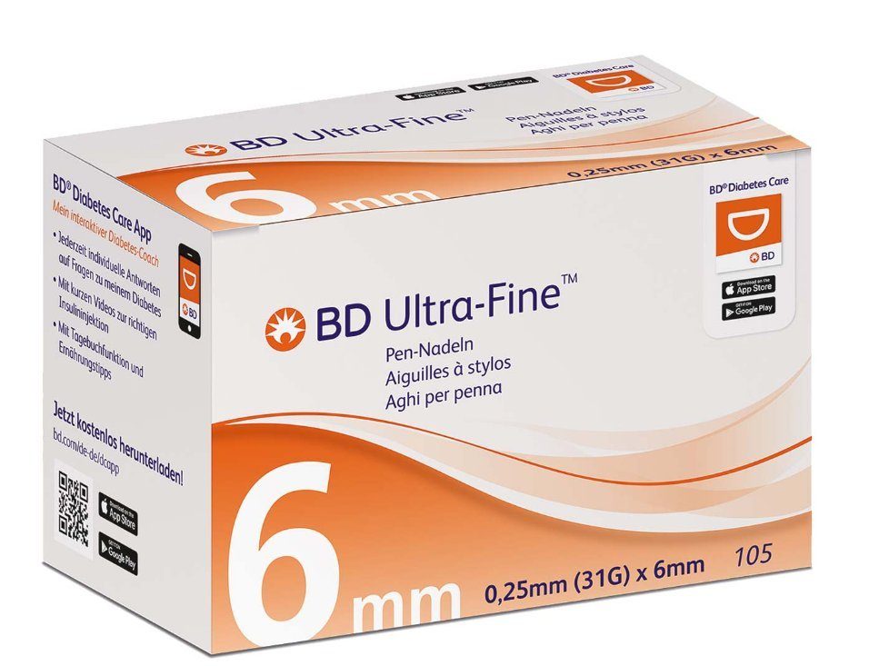 Becton Dickinson Lanzetten BD ULTRA-FINE Pen-Nadeln 6x0,25mm, 31,00G, 105 St., Spar-Set, Latexfrei und ohne Pyrogen, 105 tlg., PentaPoint™ und EasyFlow™ -Technologie