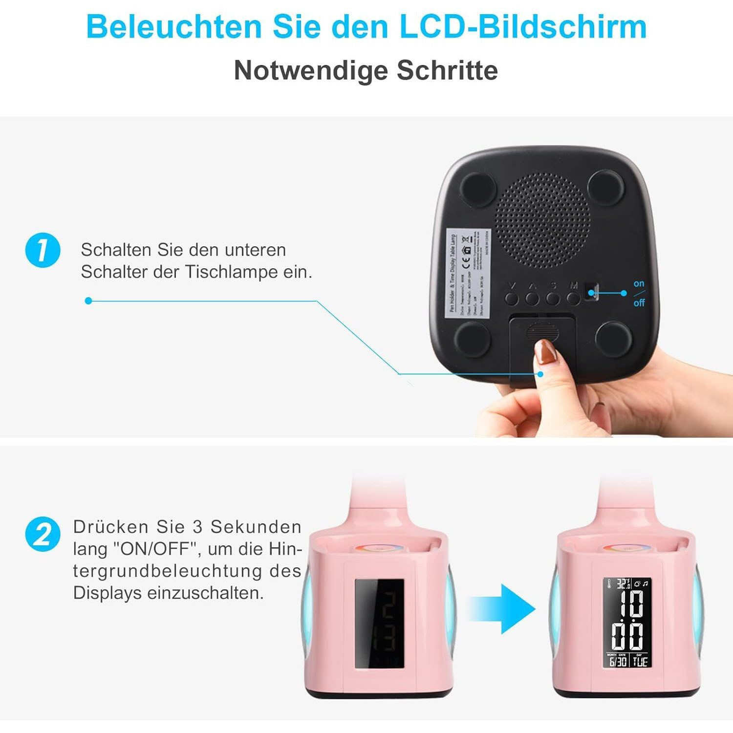 feinlux Schreibtischlampe Nachttischlampe Tischlampe Leuchte mit Akku Stifthalter, LED fest integriert, Warmlicht, mit LCD-Bildschirm, Uhr, Kalender, Wecker, Temperatur.