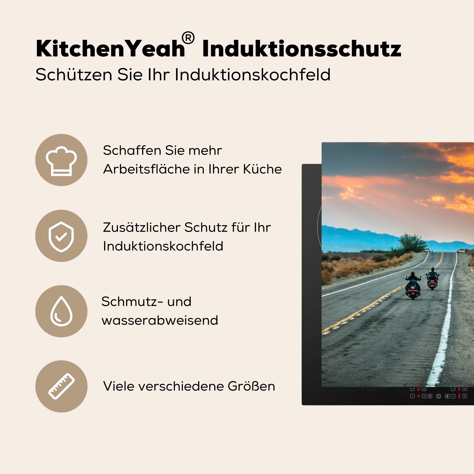 küche 66 Route Arbeitsplatte Ceranfeldabdeckung, - (1 78x78 Herdblende-/Abdeckplatte für - Sonnenuntergang, Vinyl, cm, MuchoWow Motorrad tlg),