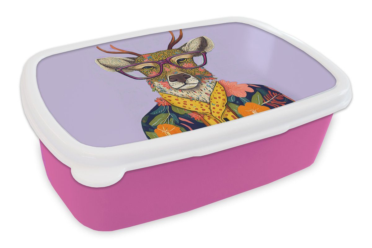 MuchoWow Lunchbox Hirsche - Tiere - Blumen - Hippie, Kunststoff, (2-tlg), Brotbox für Erwachsene, Brotdose Kinder, Snackbox, Mädchen, Kunststoff rosa