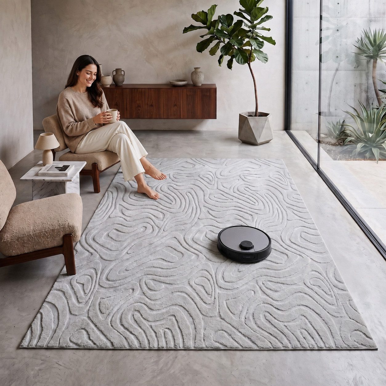 Carpetilla Teppich Waschbarer Teppich– Modern & Weich für Wohnzimmer, Schlafzimmer, Rechteckig, Teppich Wohnzimmer 3D effekt Boho Einfarbig hoch-tief Bordüre Waschbar