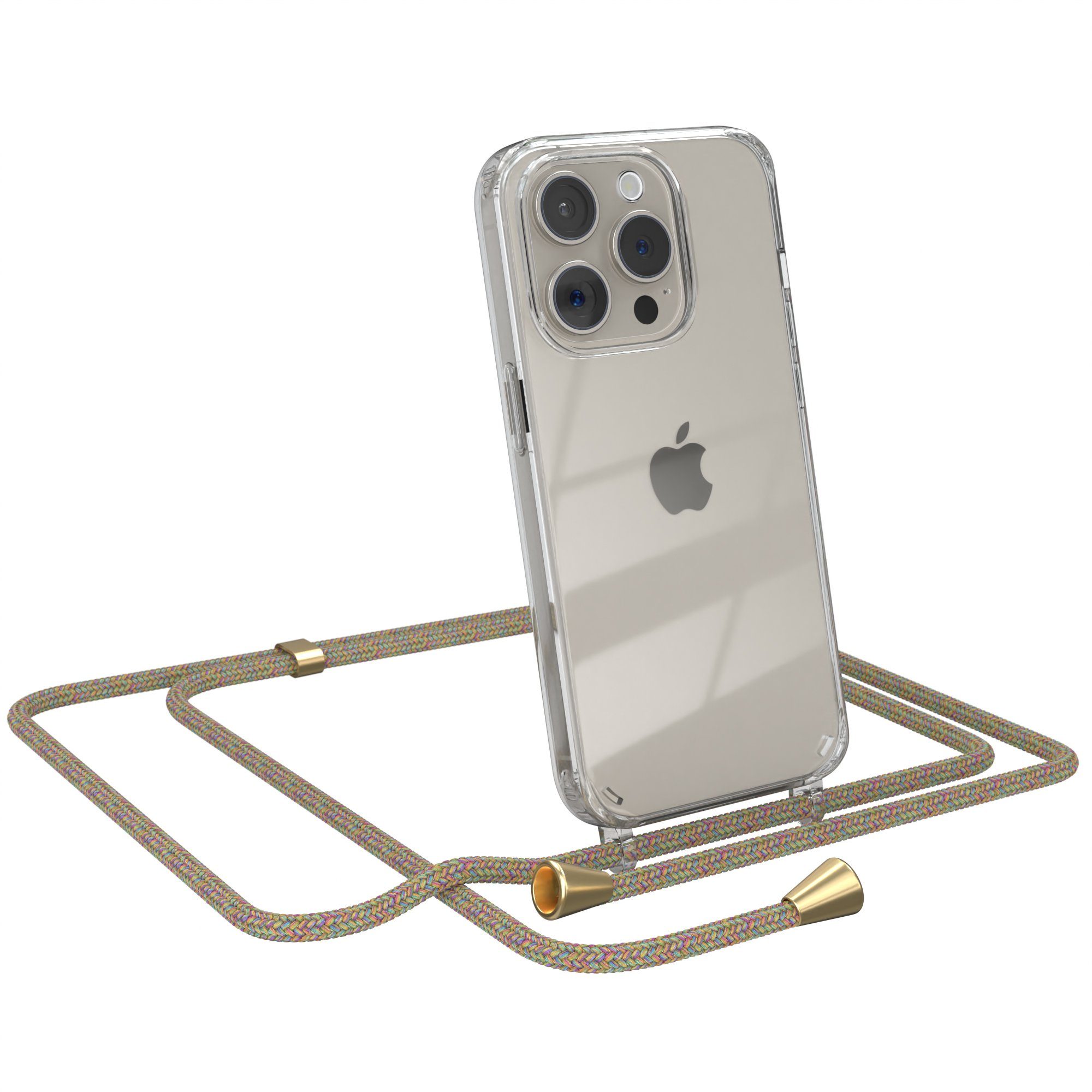 EAZY CASE Handykette mit-/ohne Magsafe Hülle für iPhone 15 Pro 6,1 Zoll, Ketten Hülle Schultergurt Schutz Hülle Tasche mit Band Bunt Clip Gold
